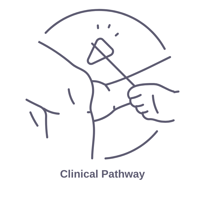 Minimalist line drawing of a hand injecting medication into another person's arm, with a needle and syringe, above the text 'Clinical Pathway'.