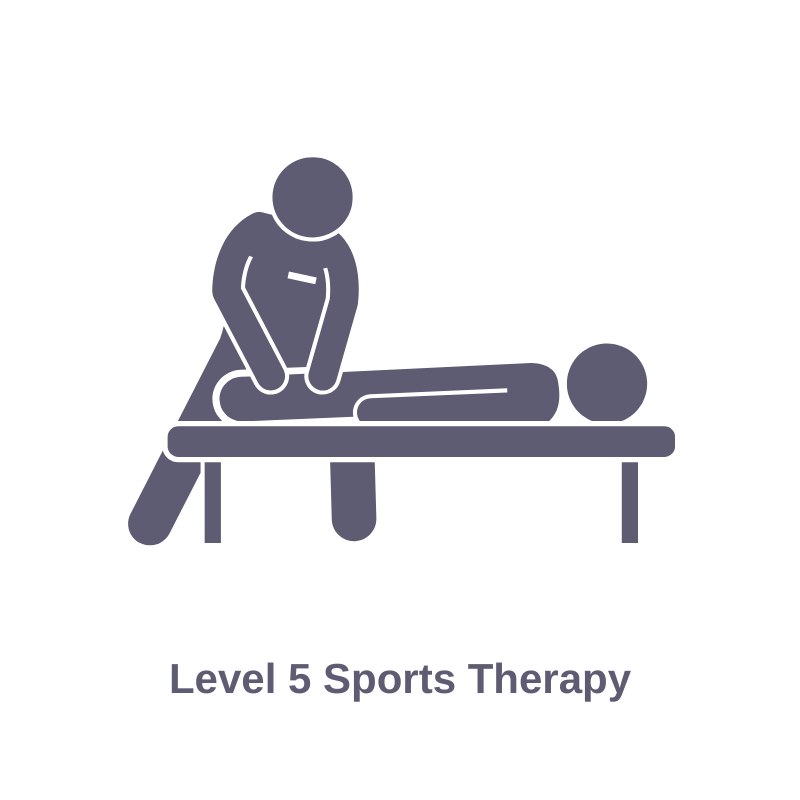 Illustration of a person performing sports therapy on another person lying on a table, with the caption 'Level 5 Sports Therapy.'