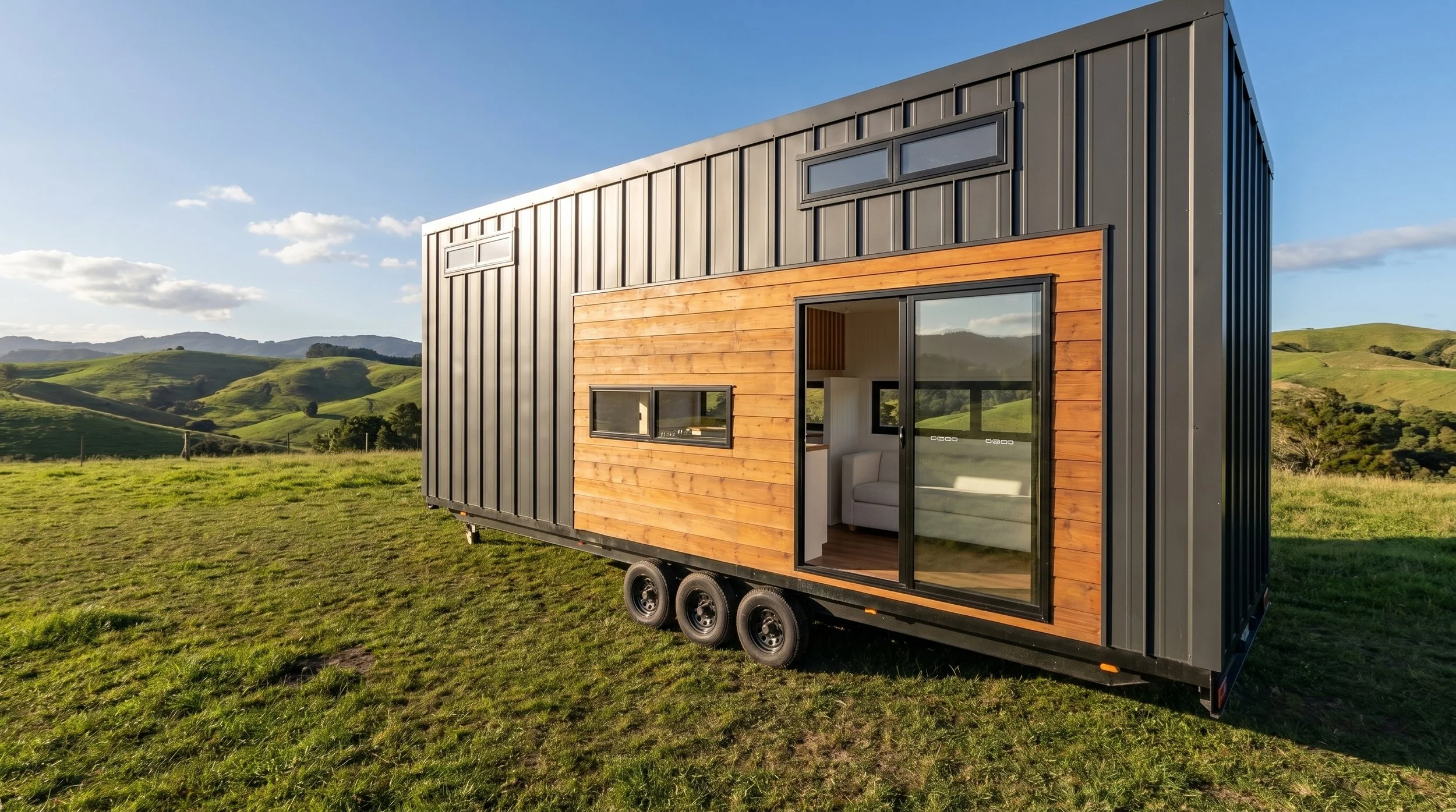 Willow 8.0 Tiny Home by Oz Tiny Homes in Australia, designed for off-grid living with a modern timber finish and double-glazed windows