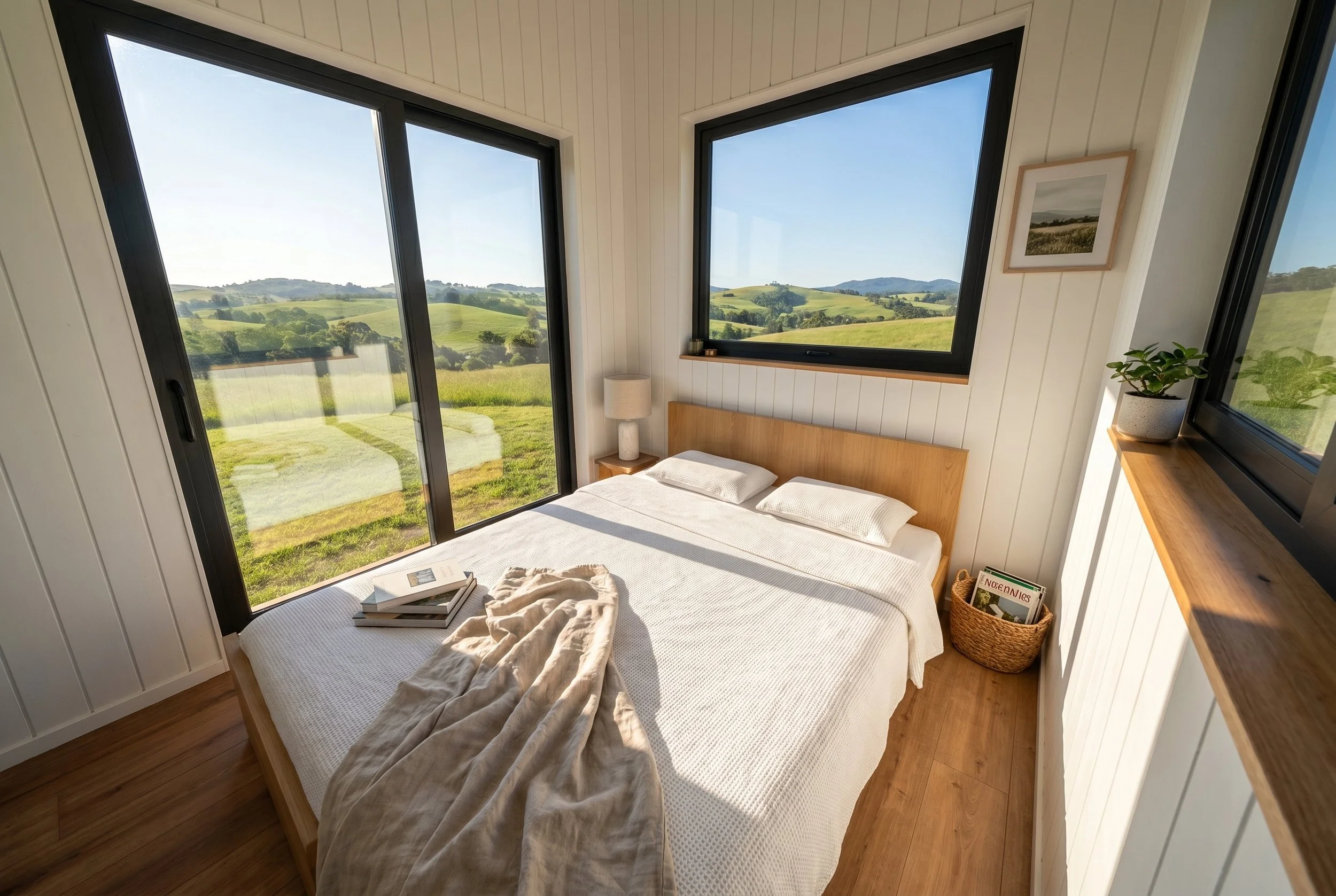 Maple 9.0 is a single level 1-bedroom Tiny Home by Oz Tiny Homes in Australia, designed for off-grid living with a modern timber look and double-glazed windows