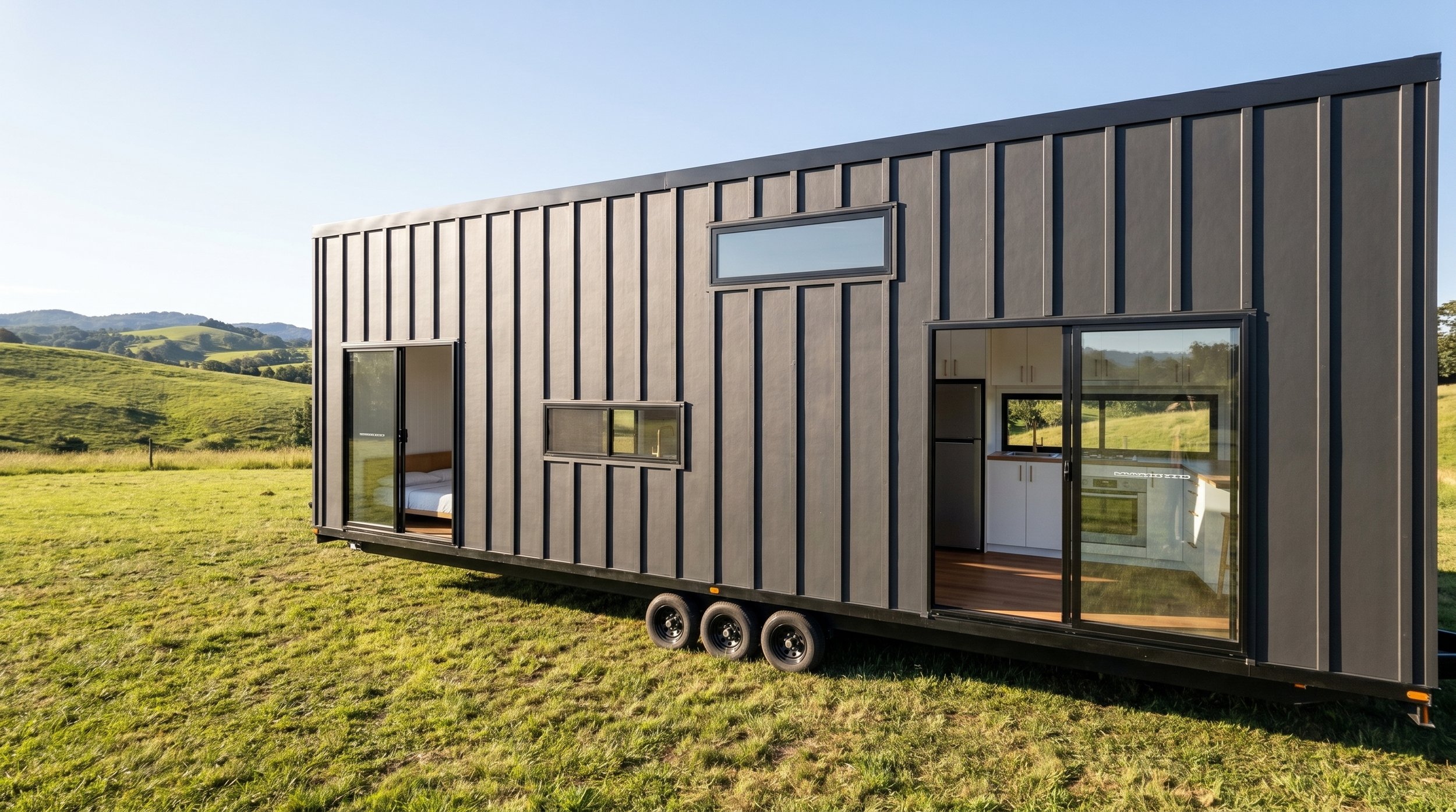Maple 9.0 is a single level 1-bedroom Tiny Home by Oz Tiny Homes in Australia, designed for off-grid living with a modern timber look and double-glazed windows