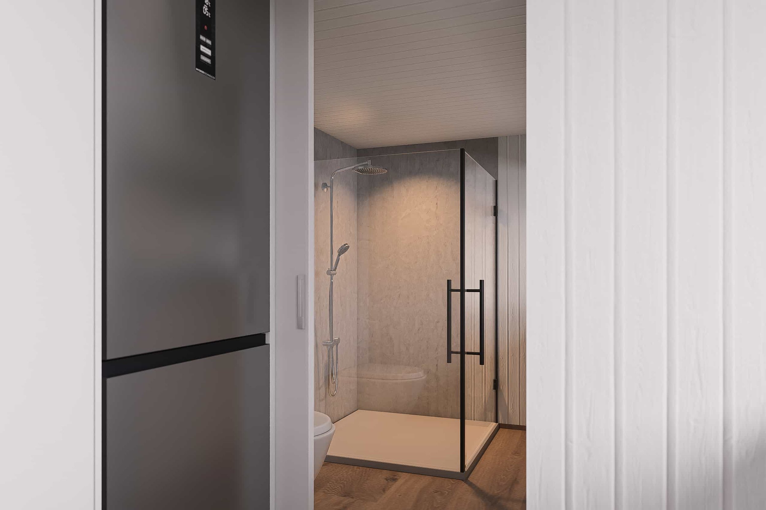 Modern bathroom with walk-in shower, frameless glass door, rain showerhead, and wooden flooring.