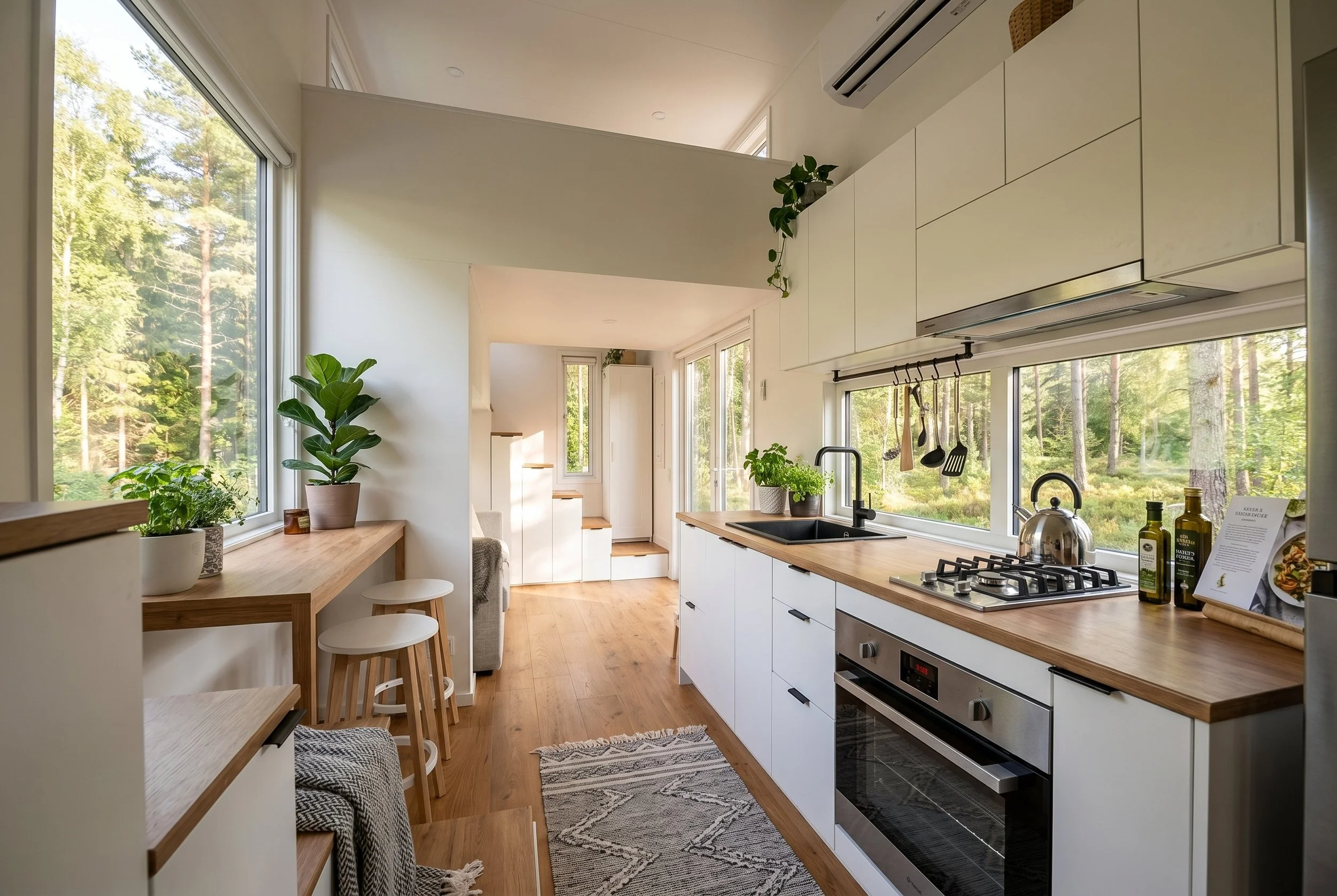 Luna 8.0 2-bedroom Tiny Home by Oz Tiny Homes in Australia, designed for off-grid living with a modern timber look and double-glazed windows