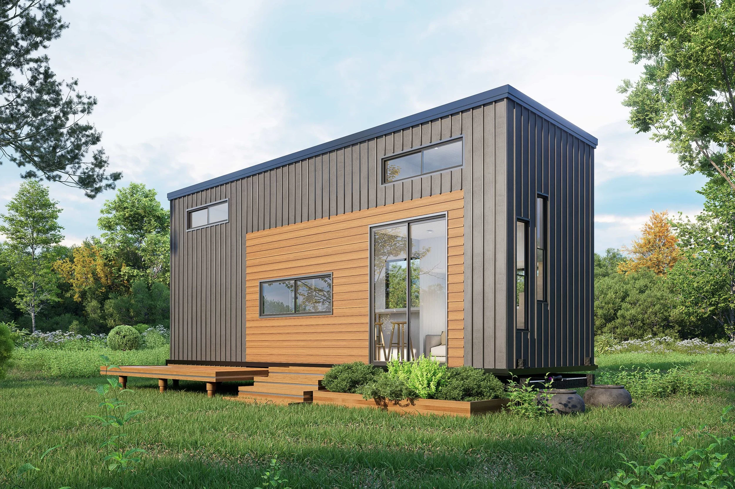 Luna 8.0 2-bedroom Tiny Home by Oz Tiny Homes in Australia, designed for off-grid living with a modern timber look and double-glazed windows
