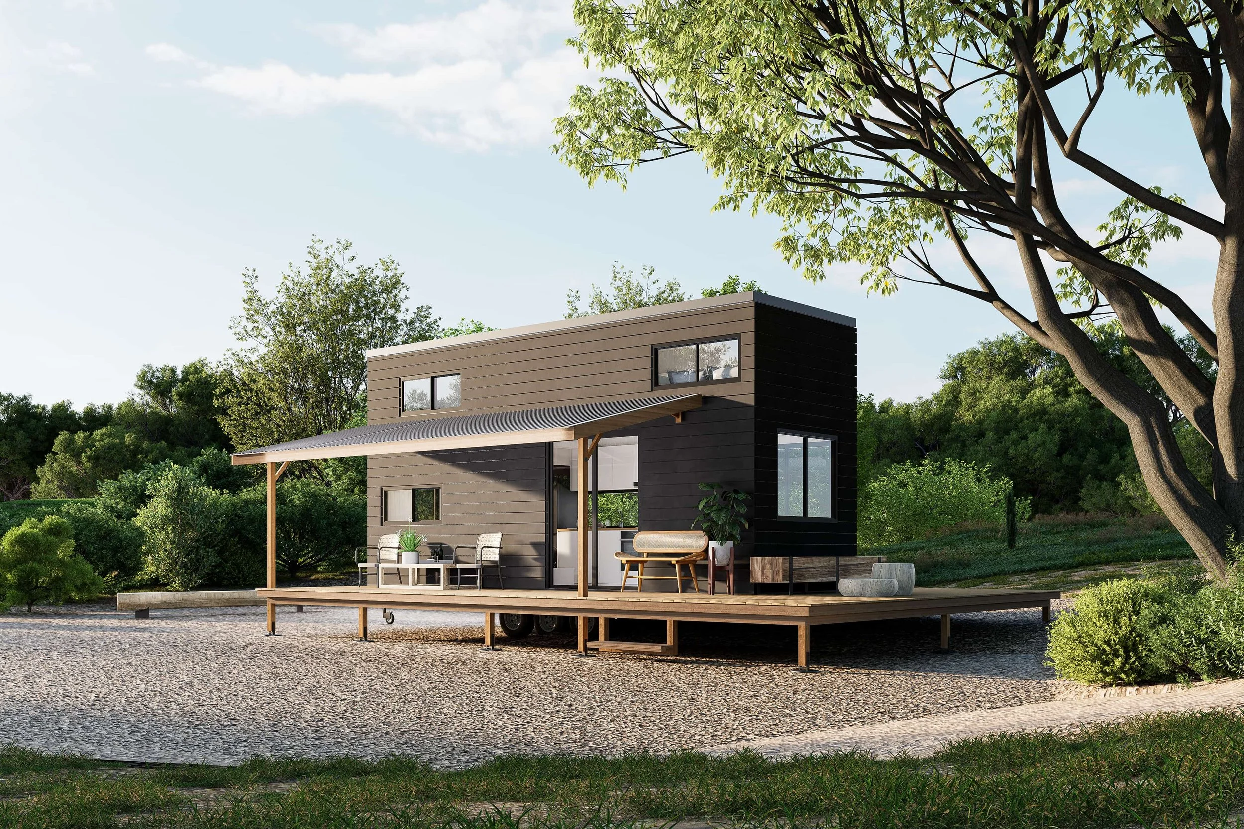 The Cedar 7.0 is a 2-bedroom Tiny Home by Oz Tiny Homes in Australia, designed for off-grid living with a modern timber look and double-glazed windows