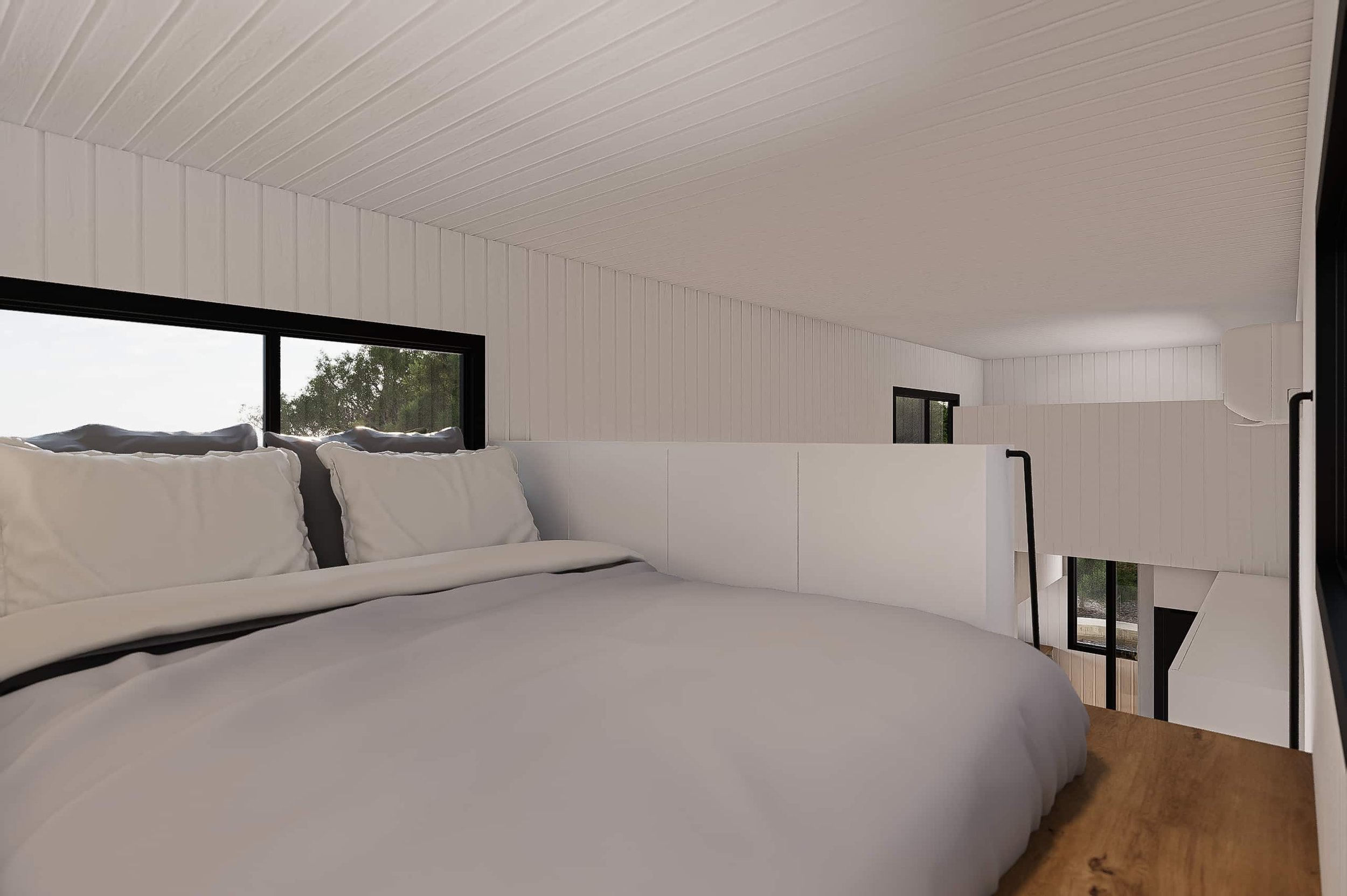 Interior of a modern bedroom with white walls, a large bed with white bedding, black framed windows, and wooden flooring.
