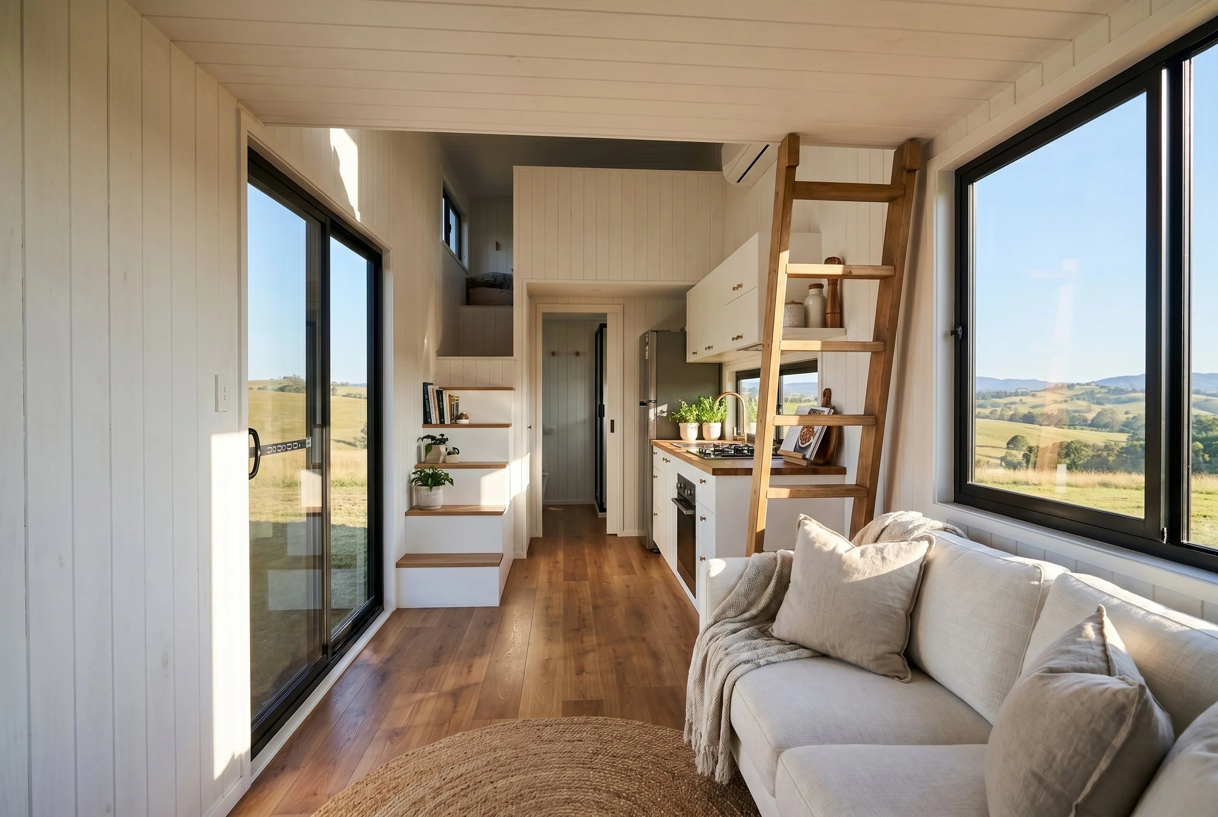 Cedar 7.0 is a single level 1-bedroom Tiny Home by Oz Tiny Homes in Australia, designed for off-grid living with a modern timber look and double-glazed windows