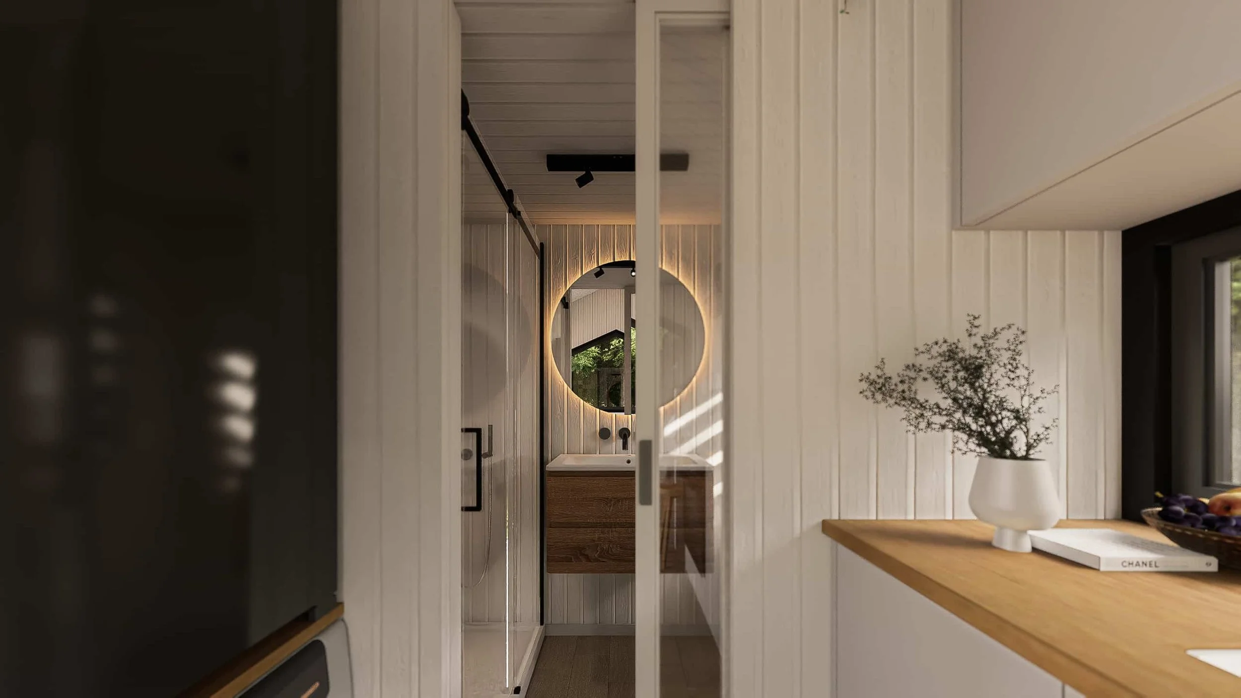Gumnut 5.0 is a single level 1-bedroom studio Tiny Home by Oz Tiny Homes in Australia, designed for off-grid living with a modern timber look and double-glazed windows