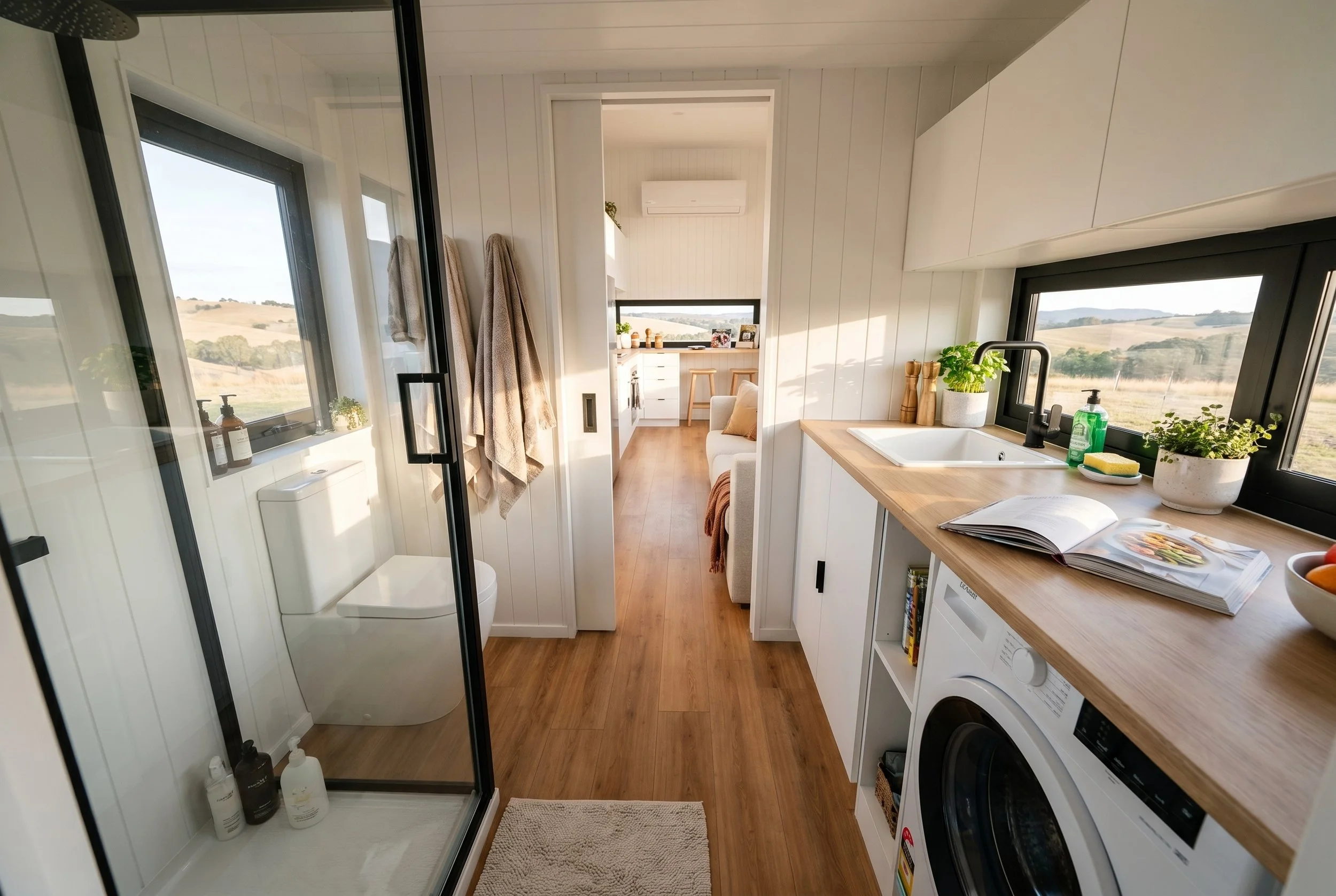 Maple 9.0 is a single level 1-bedroom Tiny Home by Oz Tiny Homes in Australia, designed for off-grid living with a modern timber look and double-glazed windows