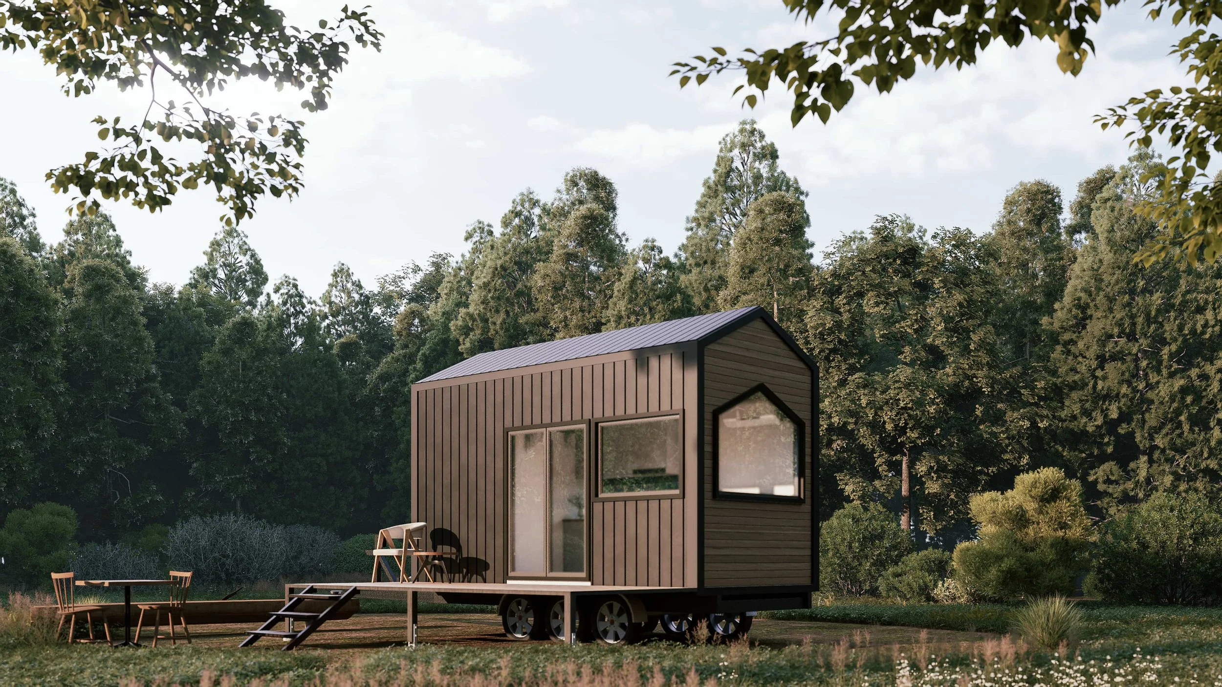 Gumnut 5.0 is a single level 1-bedroom studio Tiny Home by Oz Tiny Homes in Australia, designed for off-grid living with a modern timber look and double-glazed windows