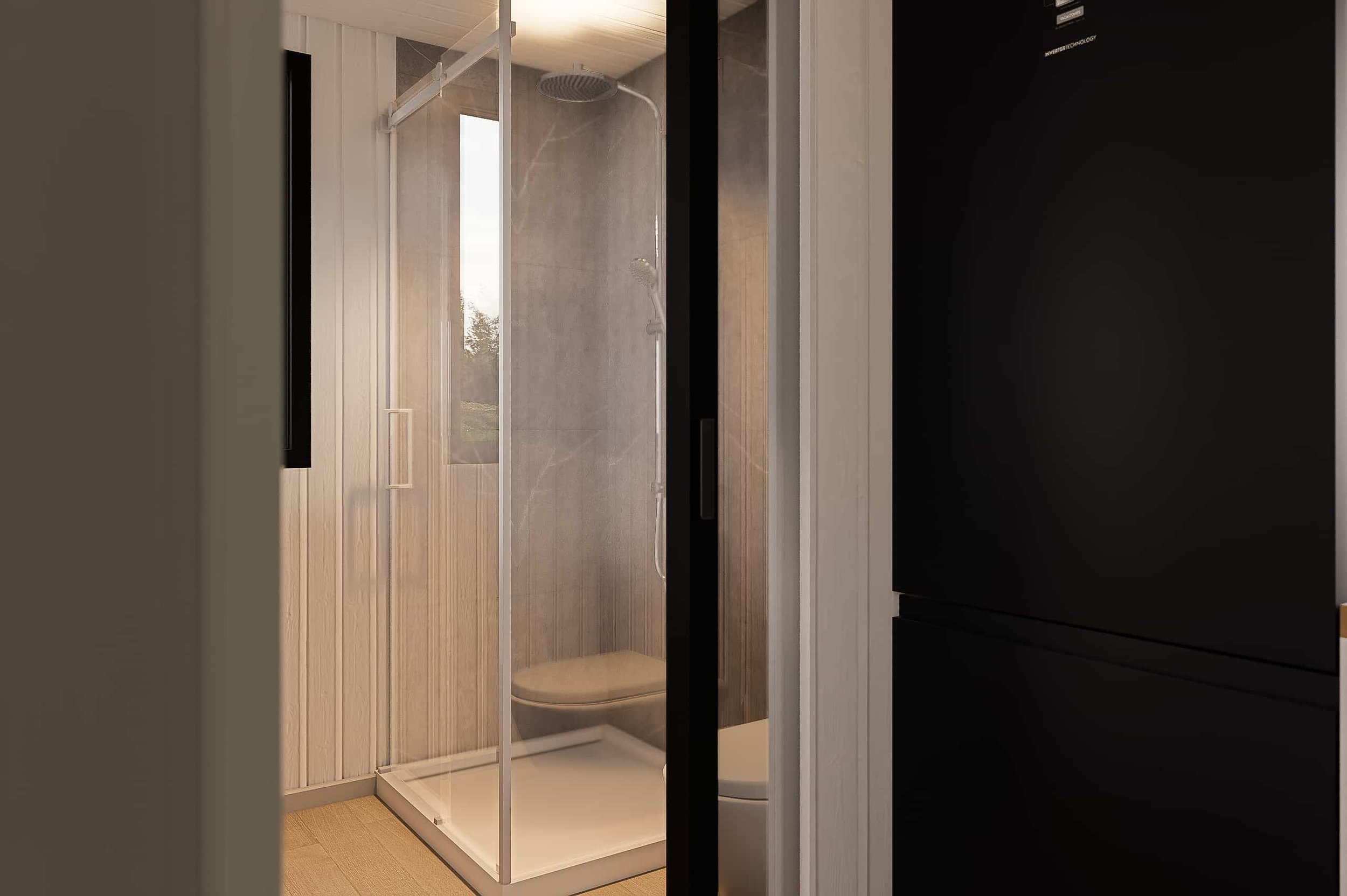 Small bathroom with a shower stall, wooden wall panels, a window, and a black cabinet on the right side.