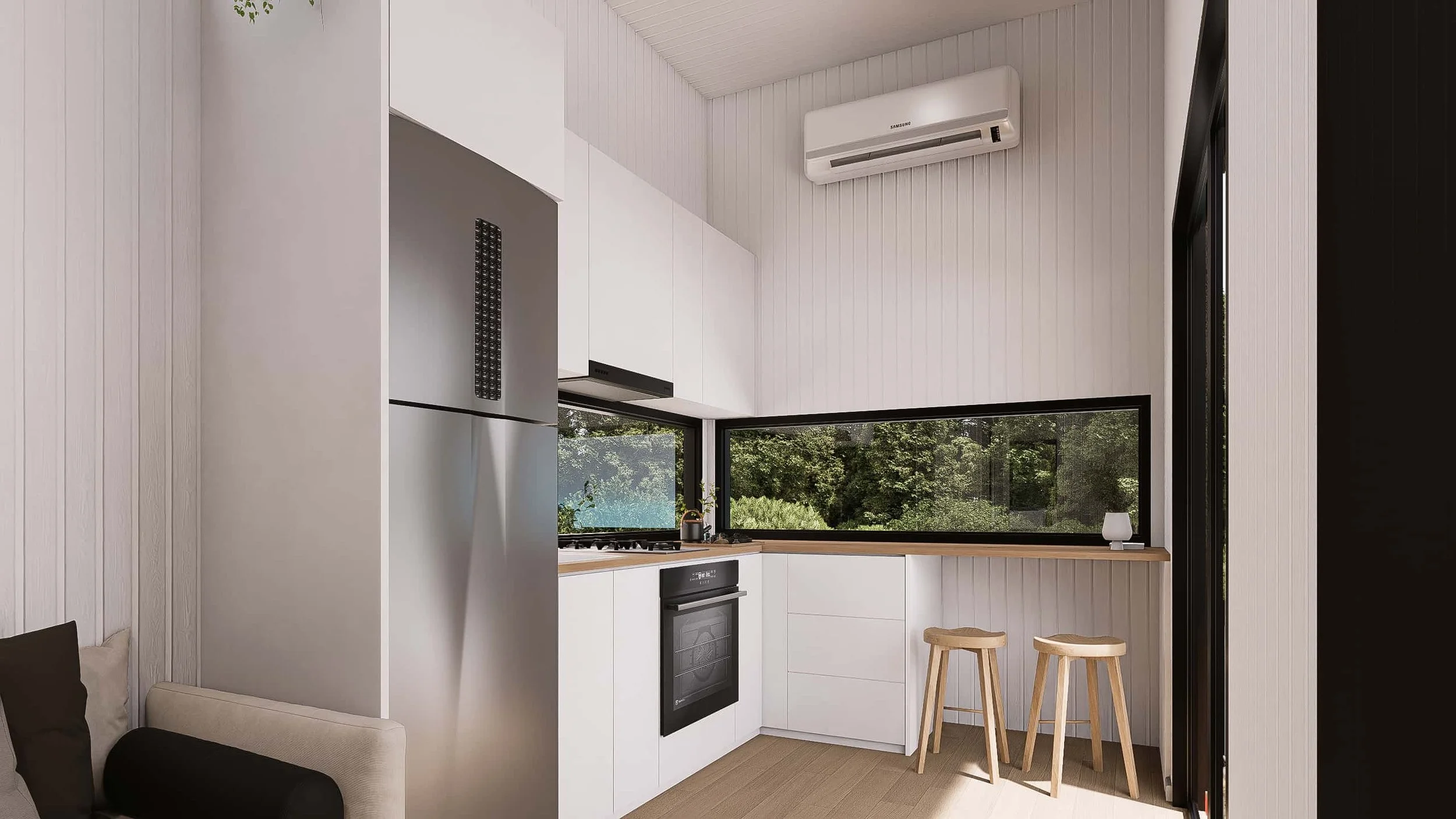 Maple 9.0 is a single level 1-bedroom Tiny Home by Oz Tiny Homes in Australia, designed for off-grid living with a modern timber look and double-glazed windows