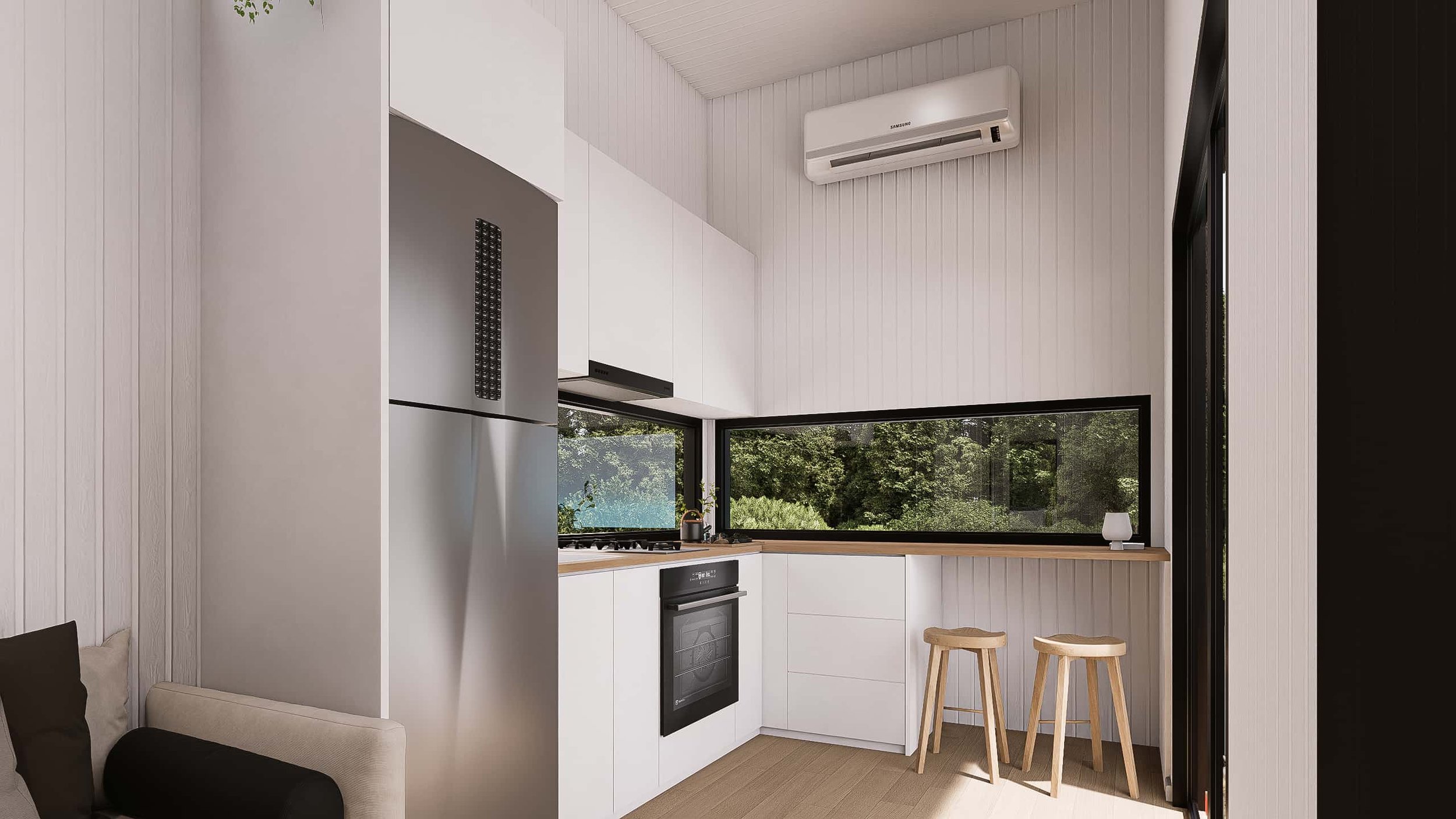Modern small kitchen with white cabinets, black-framed windows, and wooden bar stools.