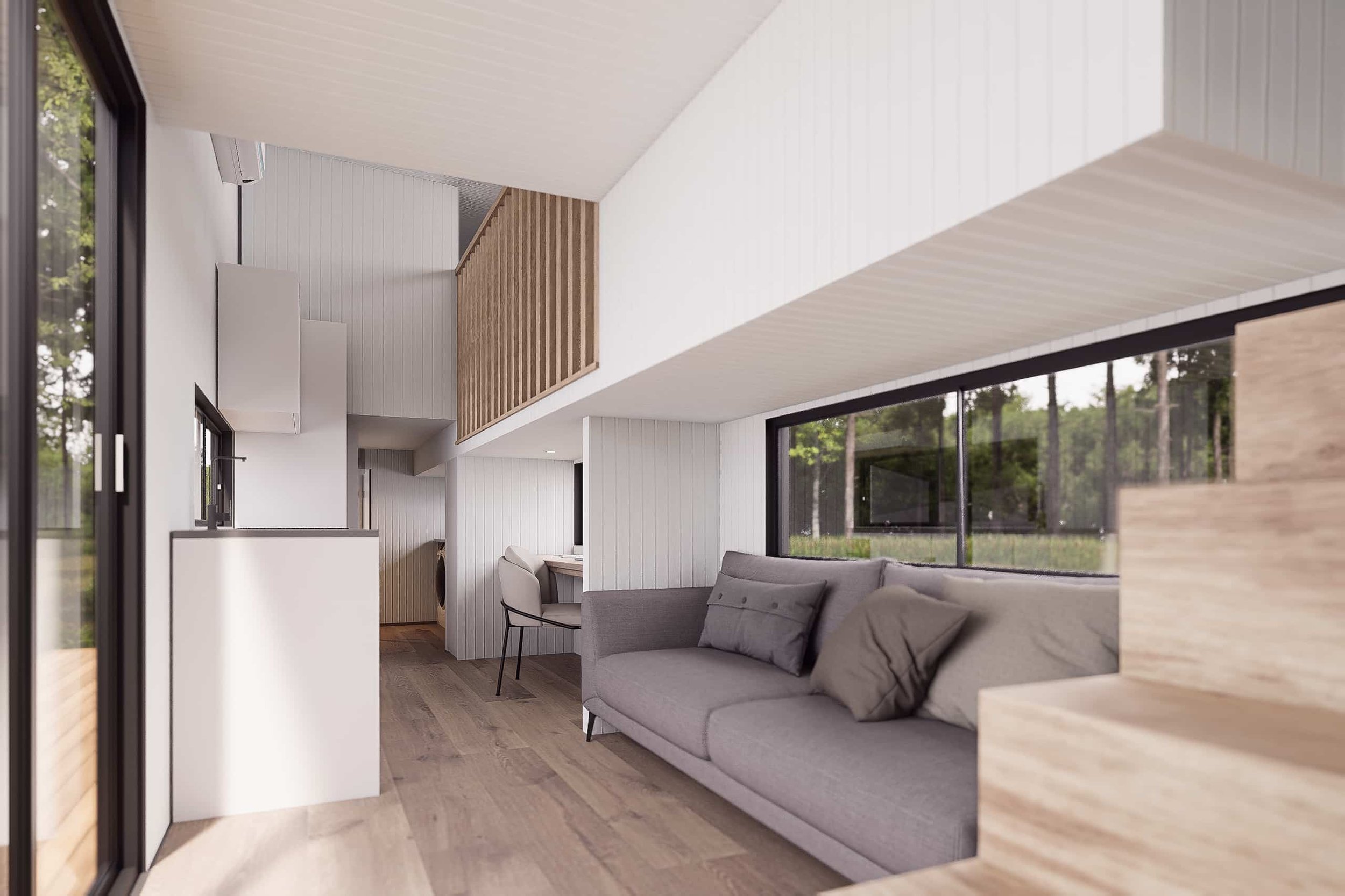 Modern living room with gray sofa, large windows, white walls, and wooden accents.