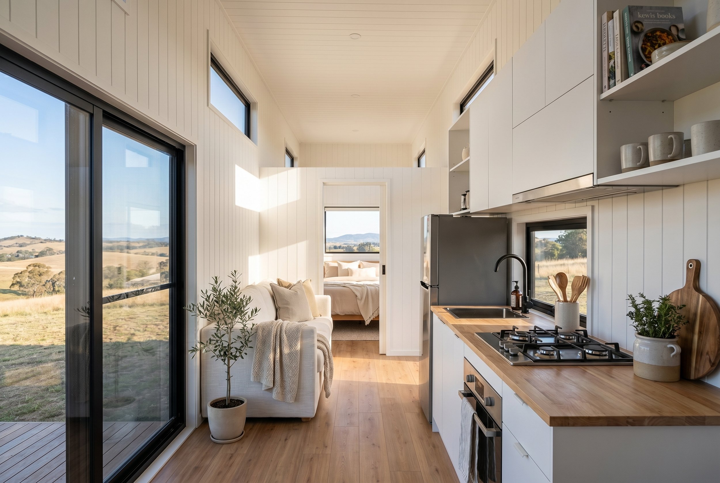 Maple 9.0 is a single level 1-bedroom Tiny Home by Oz Tiny Homes in Australia, designed for off-grid living with a modern timber look and double-glazed windows