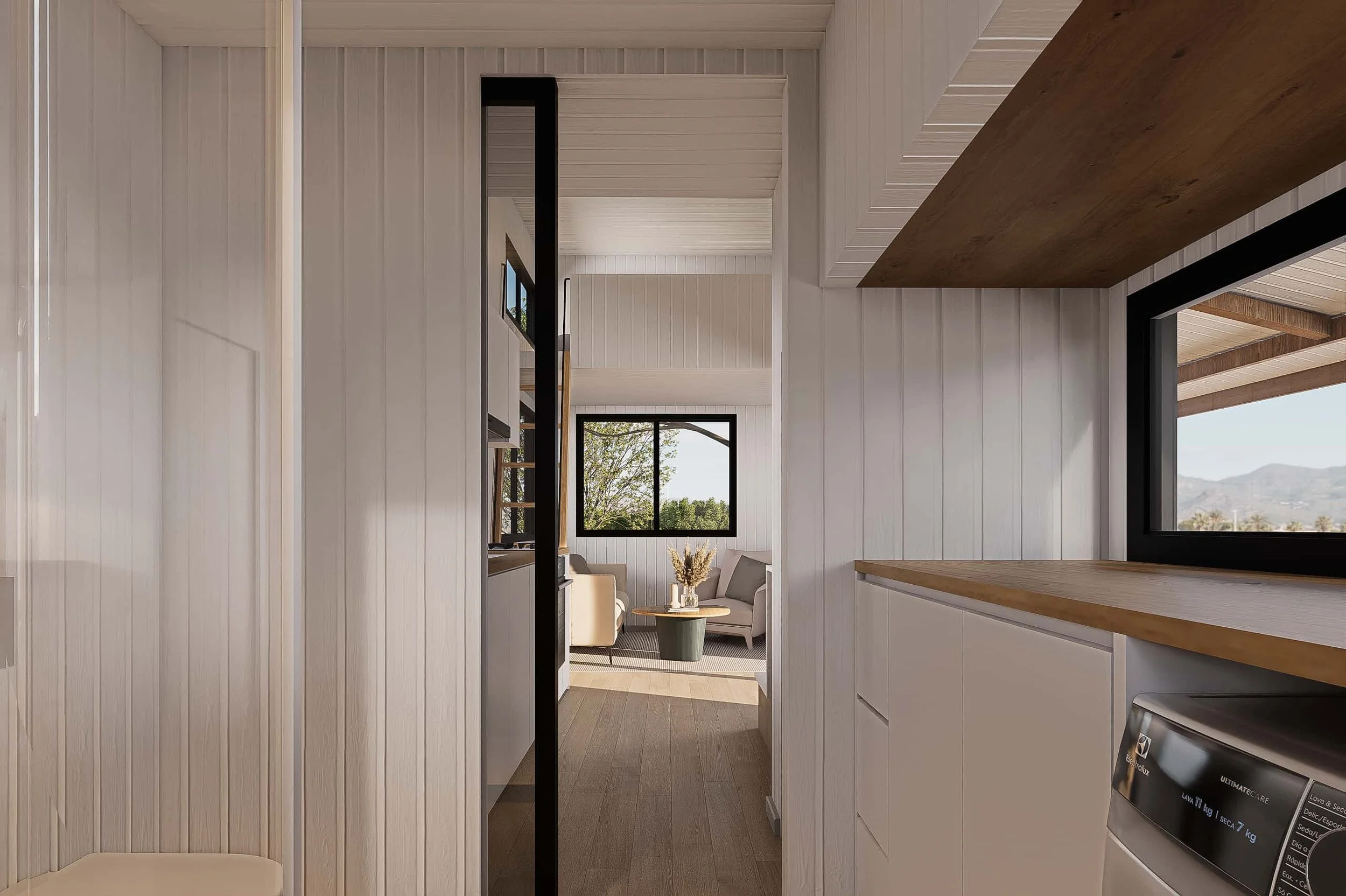 The Cedar 7.0 is a 2-bedroom Tiny Home by Oz Tiny Homes in Australia, designed for off-grid living with a modern timber look and double-glazed windows