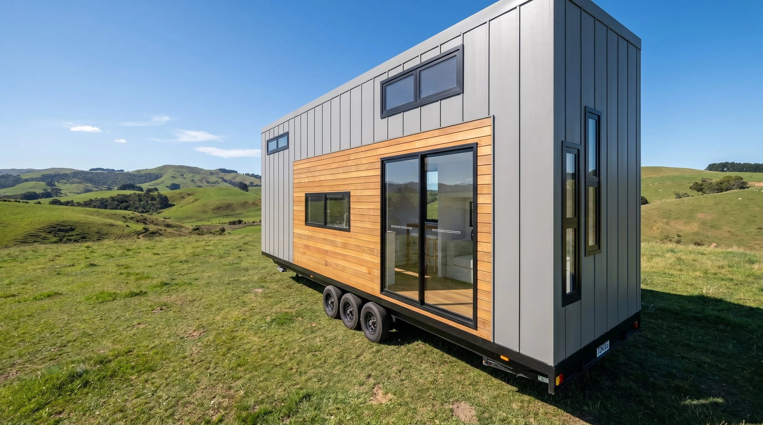Modern tiny house with black metal siding and wood accents situated in a lush forest setting with a wooden deck and stairs.