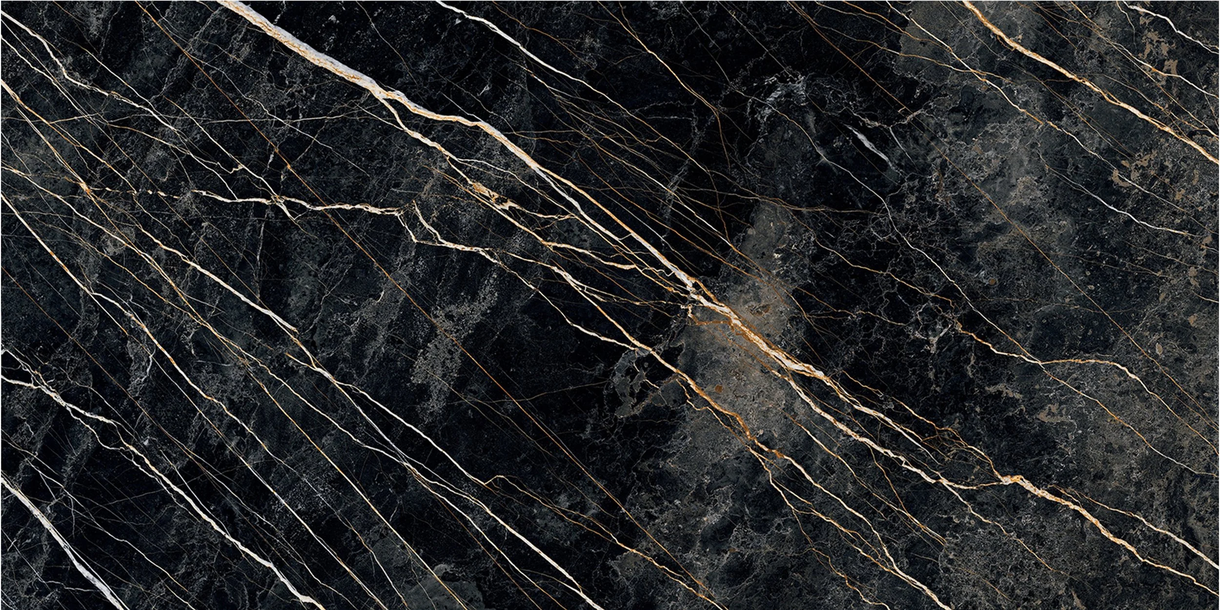Black marble surface with gold and white veining.