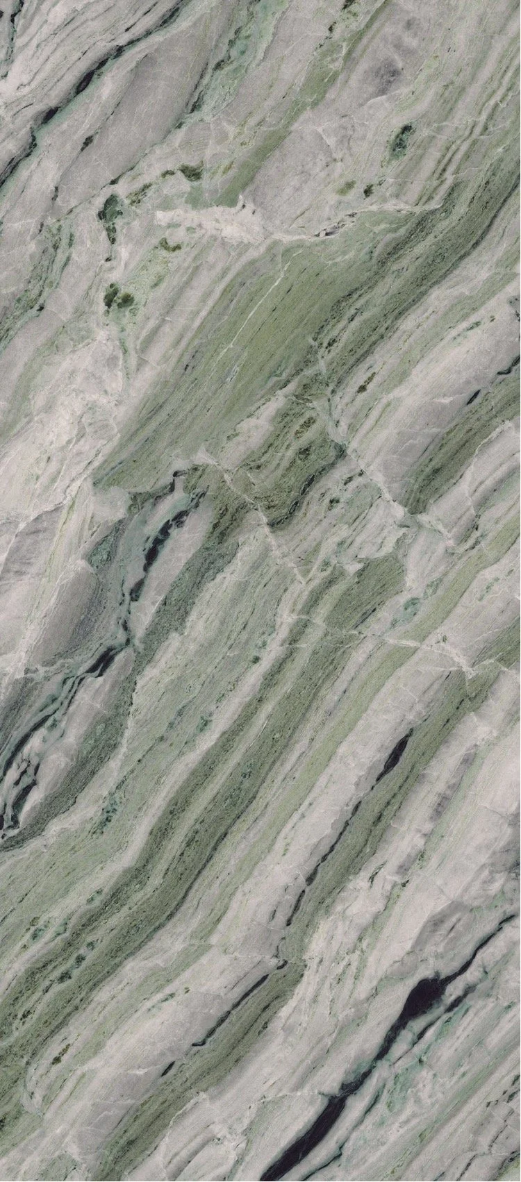 Close-up view of a greenish-gray marble surface with natural veining and patterns.