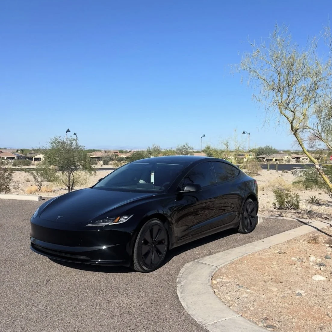 Black Tesla Model 3 parked on a paved road in a desert landscape with sparse trees and clear blue sky.