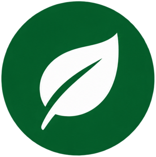 Green circle with white leaf logo in the center.