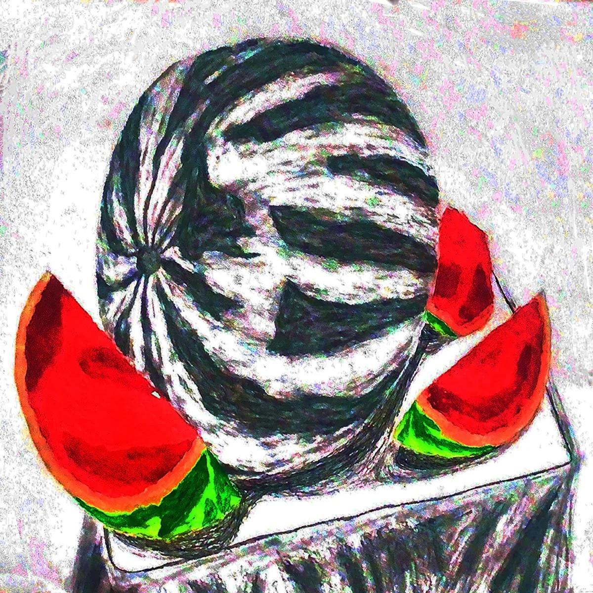 Piece Description_ 3 years later... . Medium_ Charcoal, Ink, WaterColor, Graphite, & Photoshop. Size_ 18in x24in Mixed Media Paper (Scanned). Purpose_ Experimentation with Mediums. Intent_ Color Contrast and Space between Sliced and Unslice copy.jpg