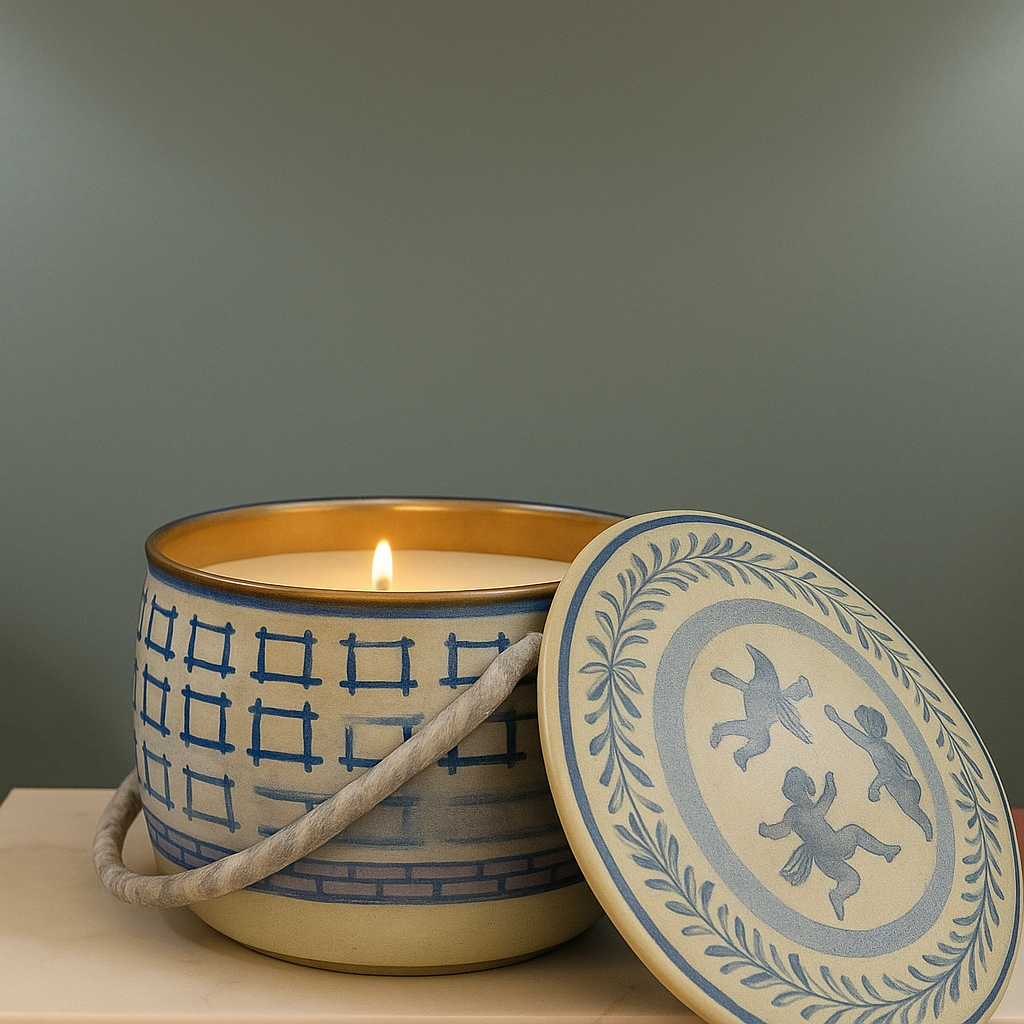 Blue and white metal biscuit tin with lid