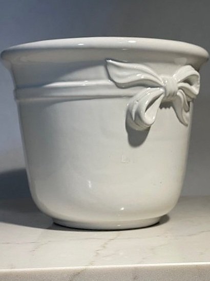 White Cache Pot with Ribbon and Bow