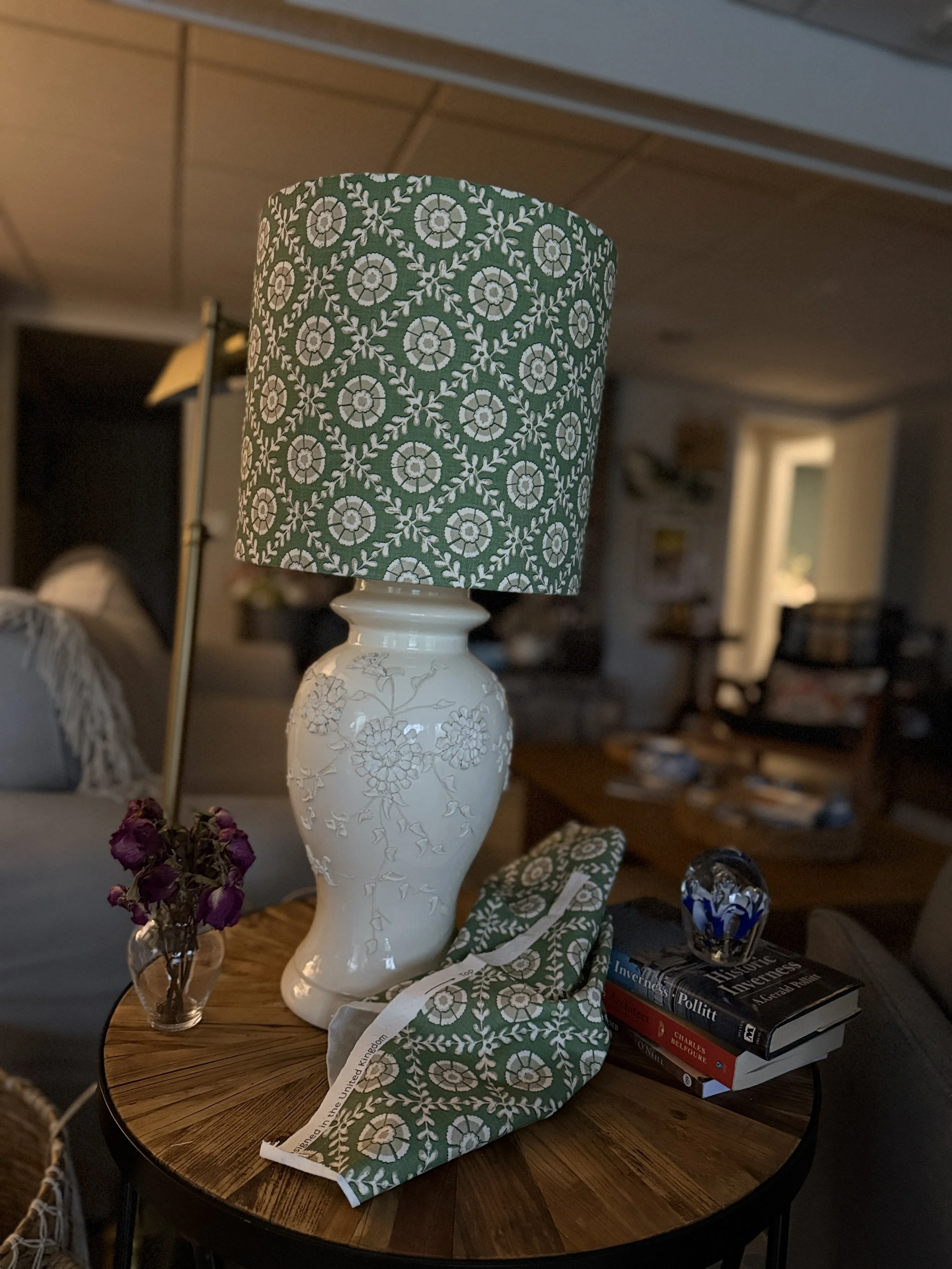 Ivory Floral Ginger Jar Lamp with Handmade Sage Botanical Lampshade