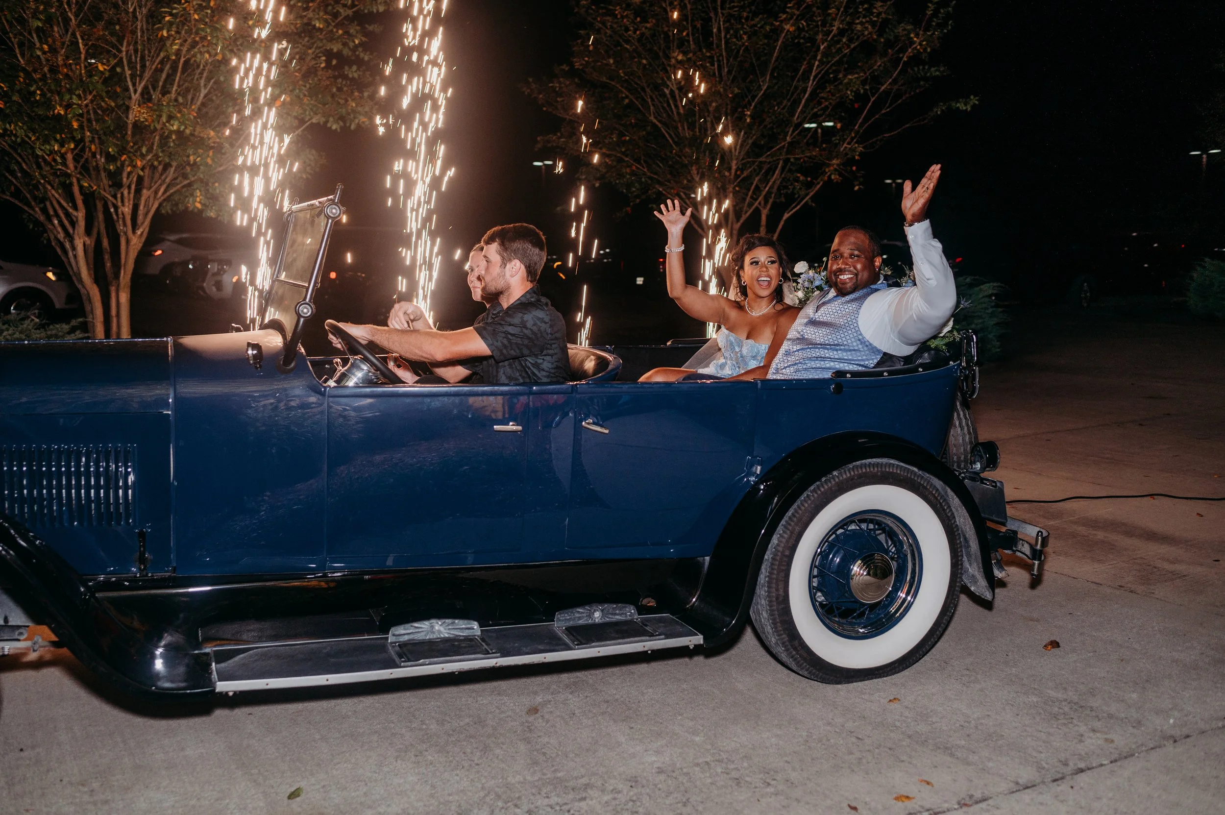 Chattanooga wedding florist blue white blush delphinium dahlia black bride summer florals garden style howe farms apple barn going away car florals vintage car