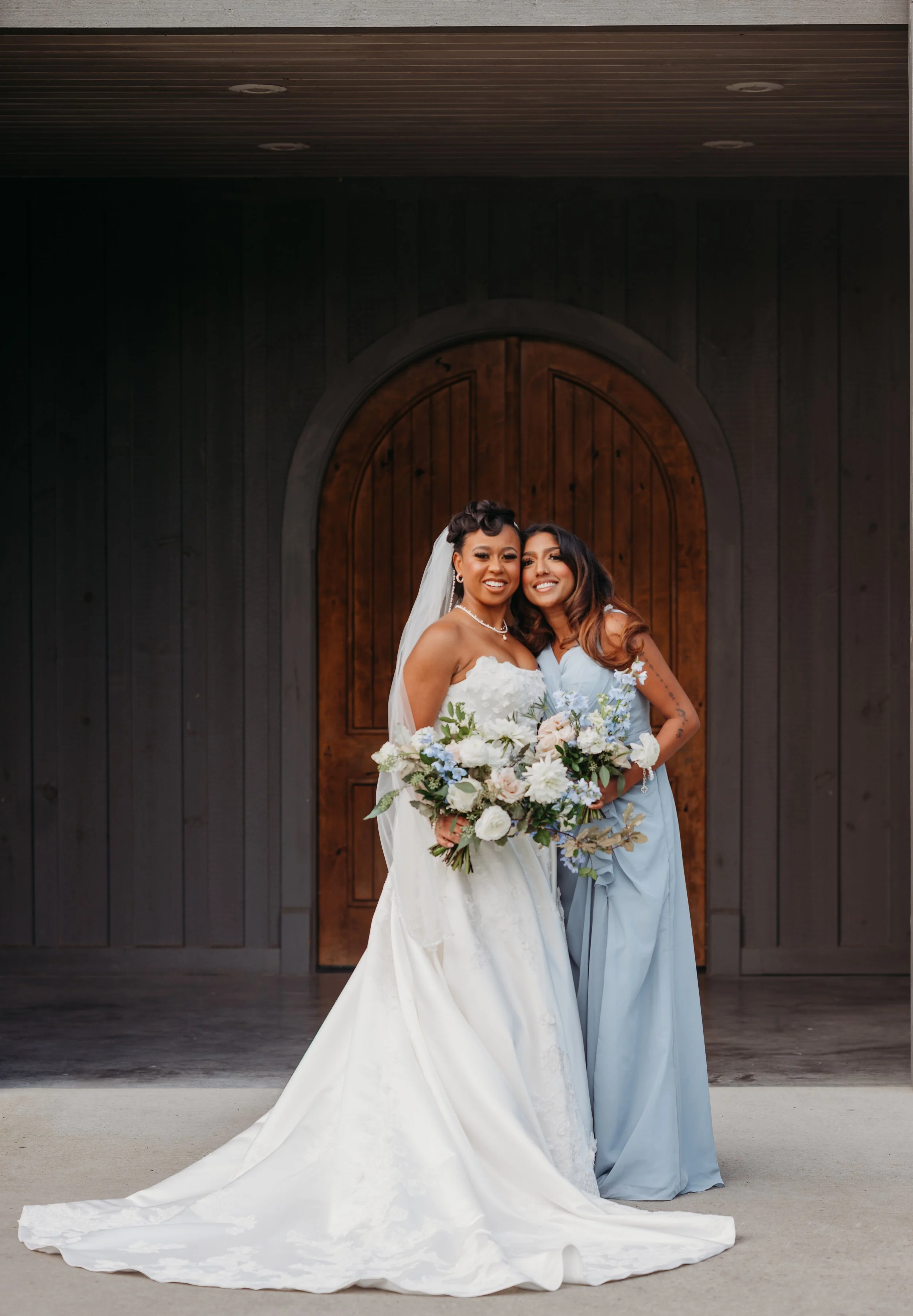 Chattanooga wedding florist blue white blush delphinium dahlia black bride summer florals garden style bridesmaid bouquets
