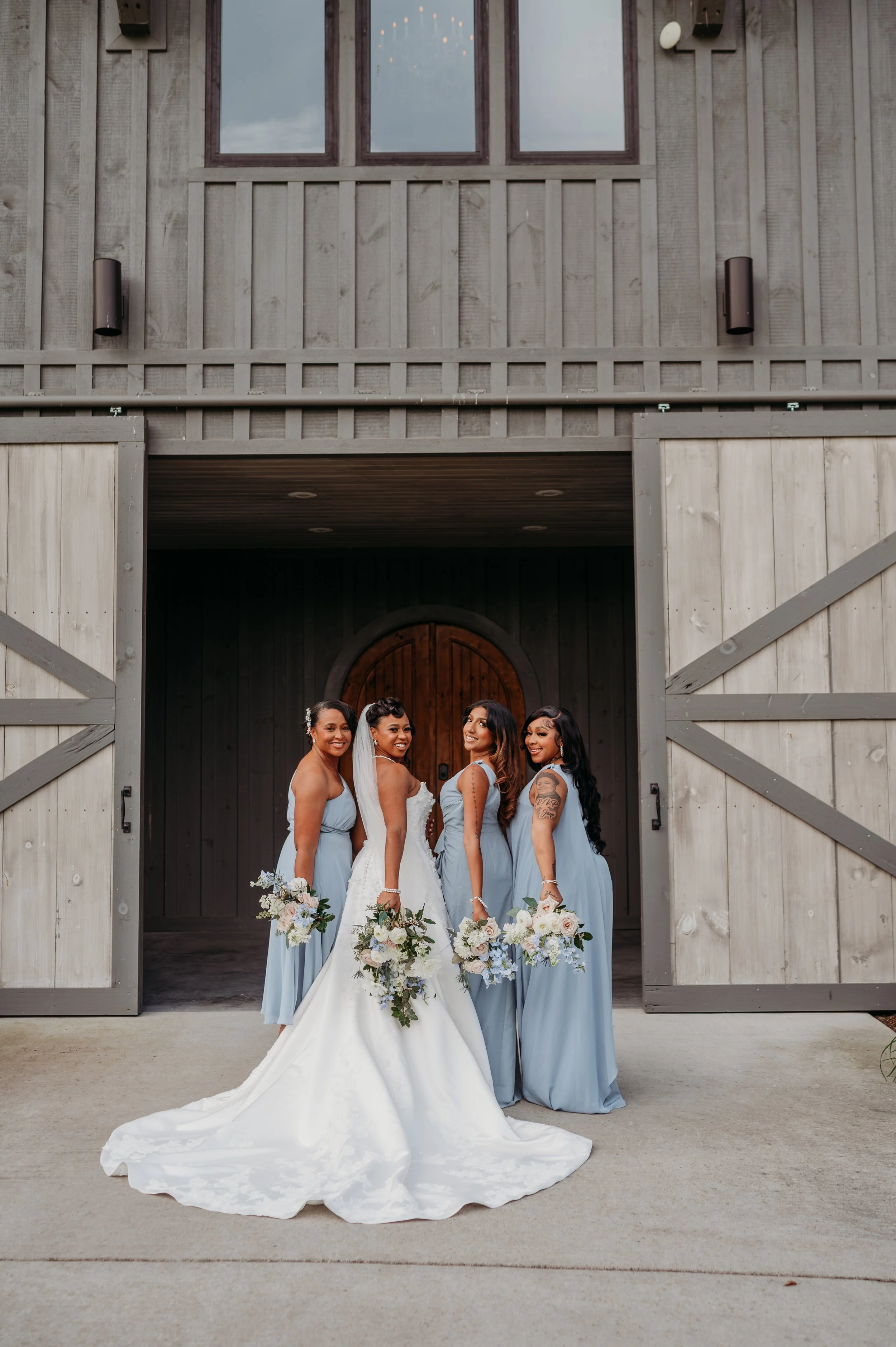 Chattanooga wedding florist blue white blush delphinium dahlia black bride summer florals garden style bridesmaid bouquets
