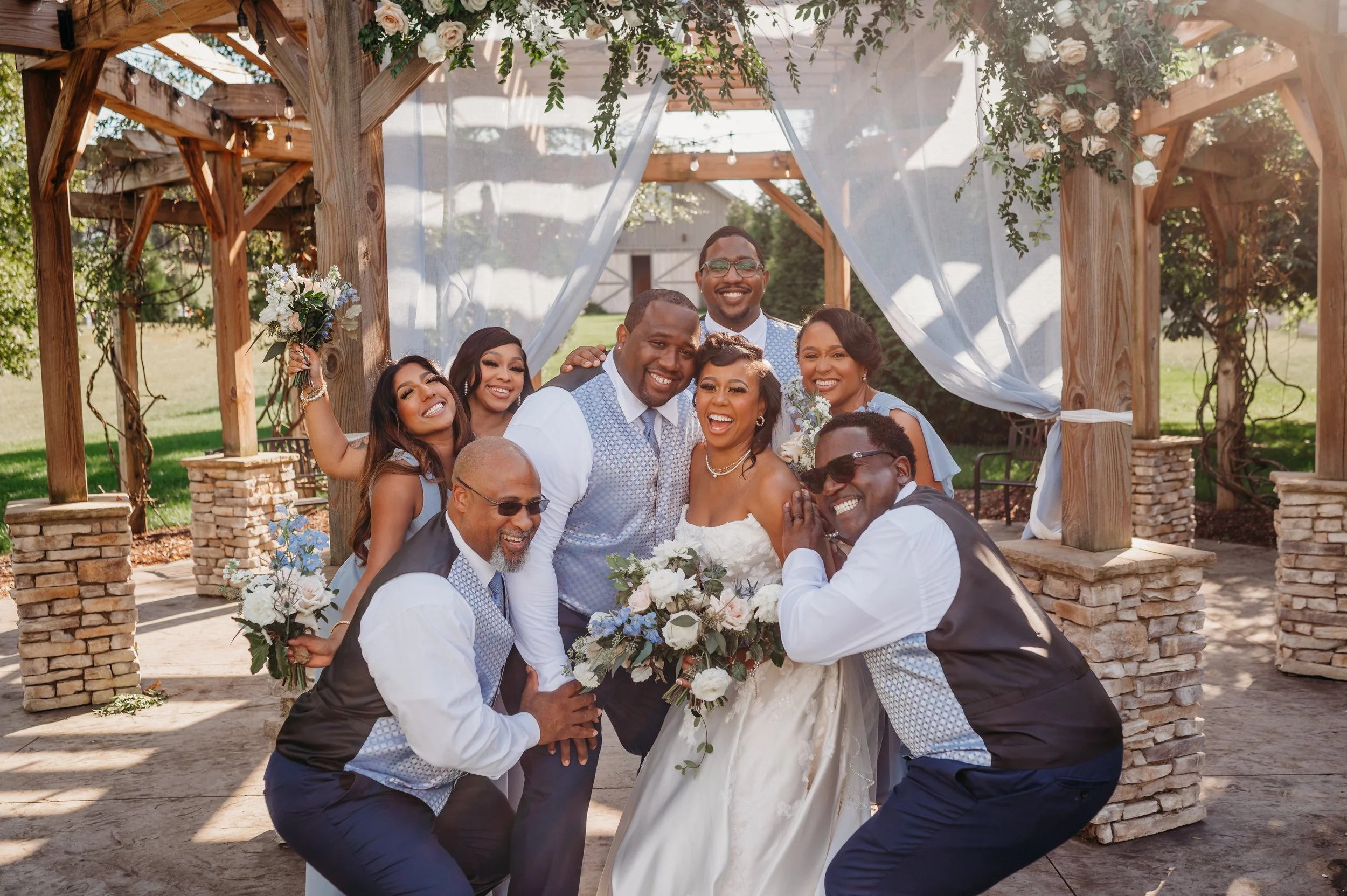 Chattanooga wedding florist blue white blush delphinium dahlia black bride summer florals garden style howe farms apple barn gazebo wedding party bridesmaids groomsmen