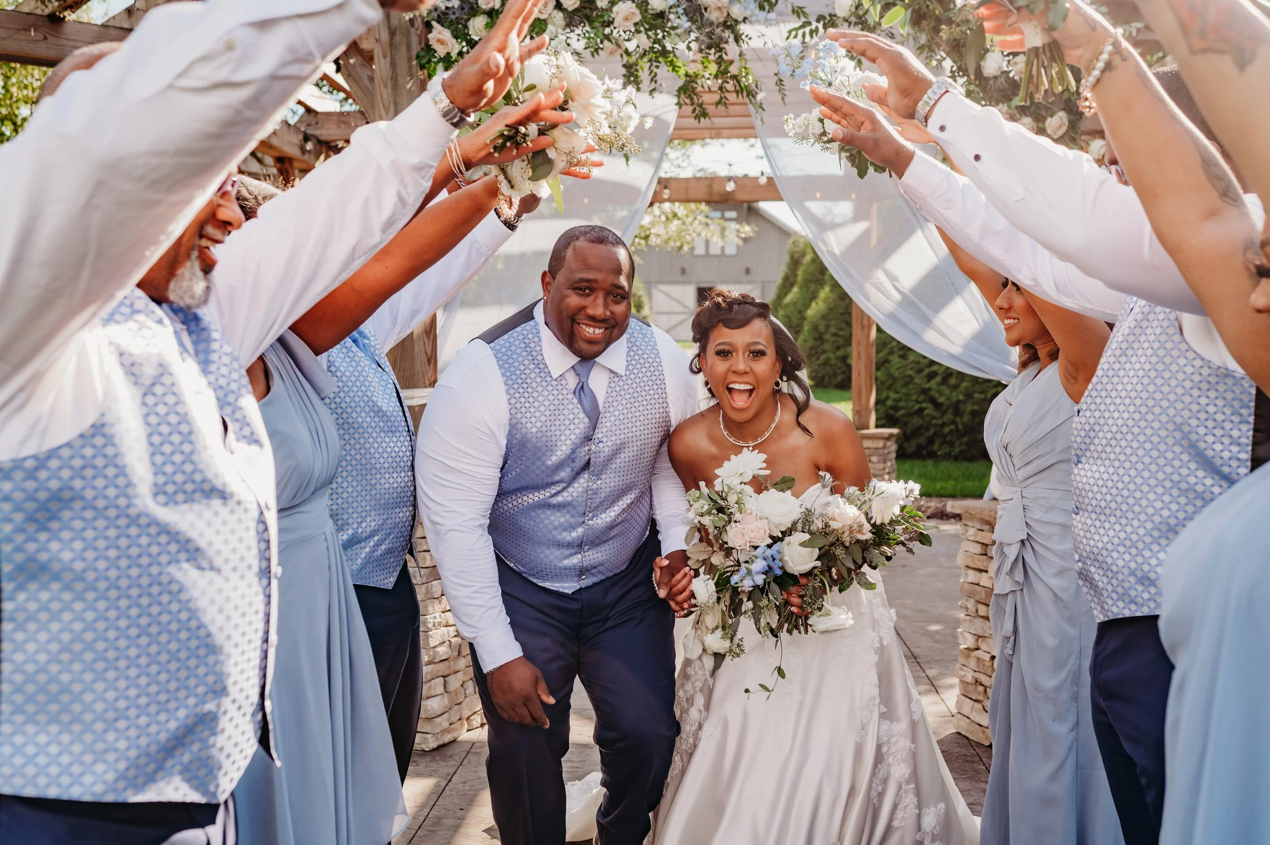Chattanooga wedding florist blue white blush delphinium dahlia black bride summer florals garden style howe farms apple barn bridal bouquet bridal party