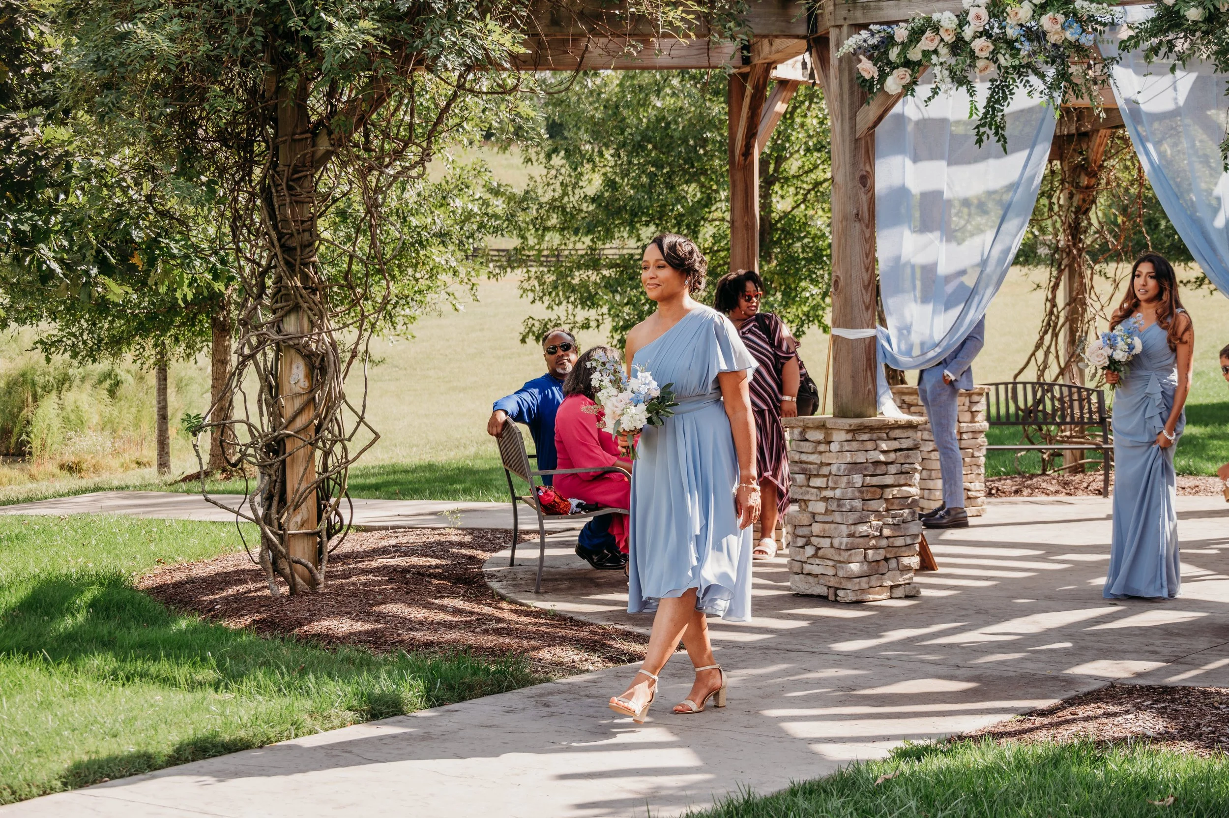 Chattanooga wedding florist blue white blush delphinium dahlia black bride summer florals garden style bridesmaid gazebo howe farms apple barn