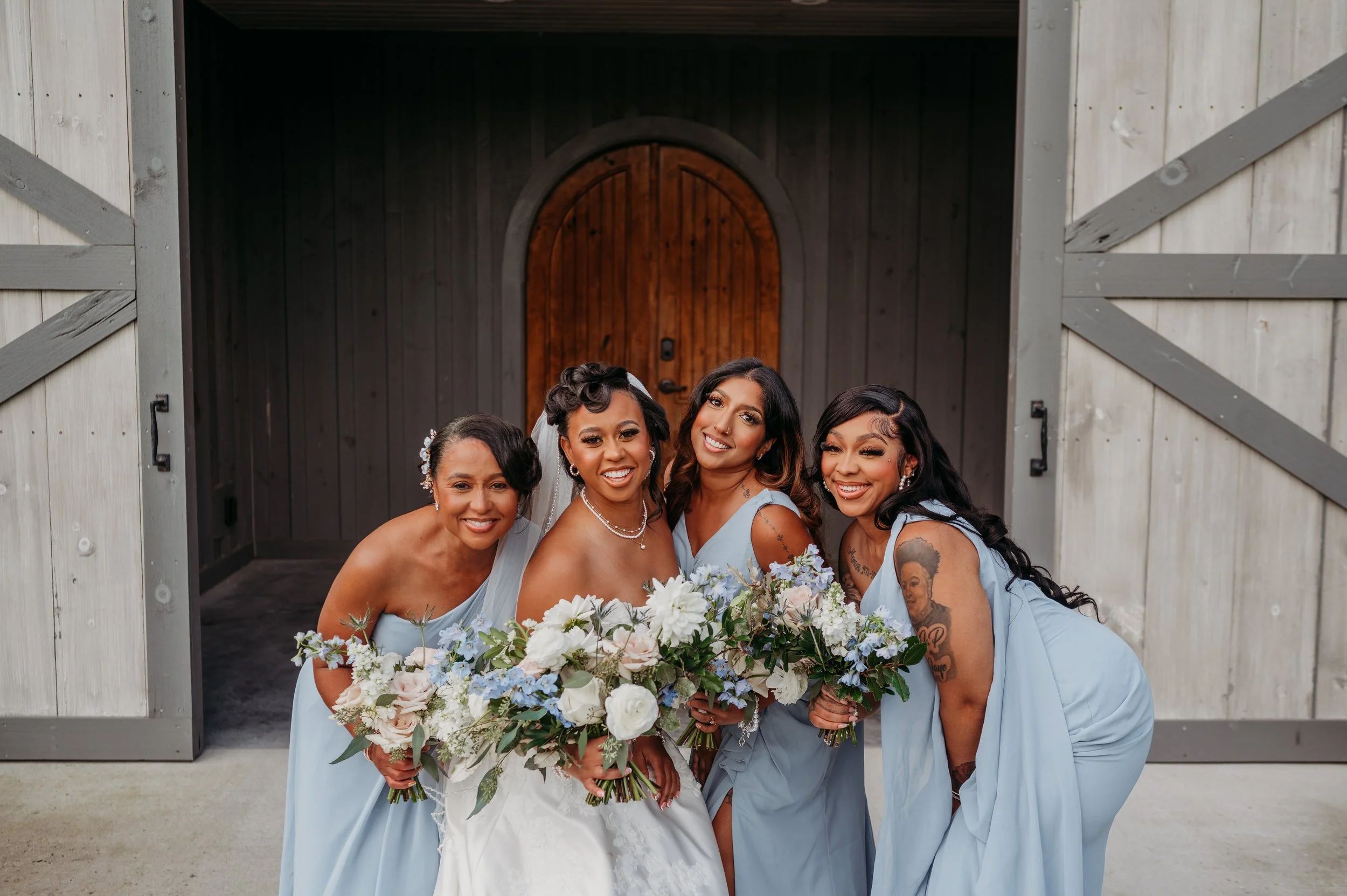 Chattanooga wedding florist blue white blush delphinium dahlia black bride summer florals garden style bridesmaid bouquets