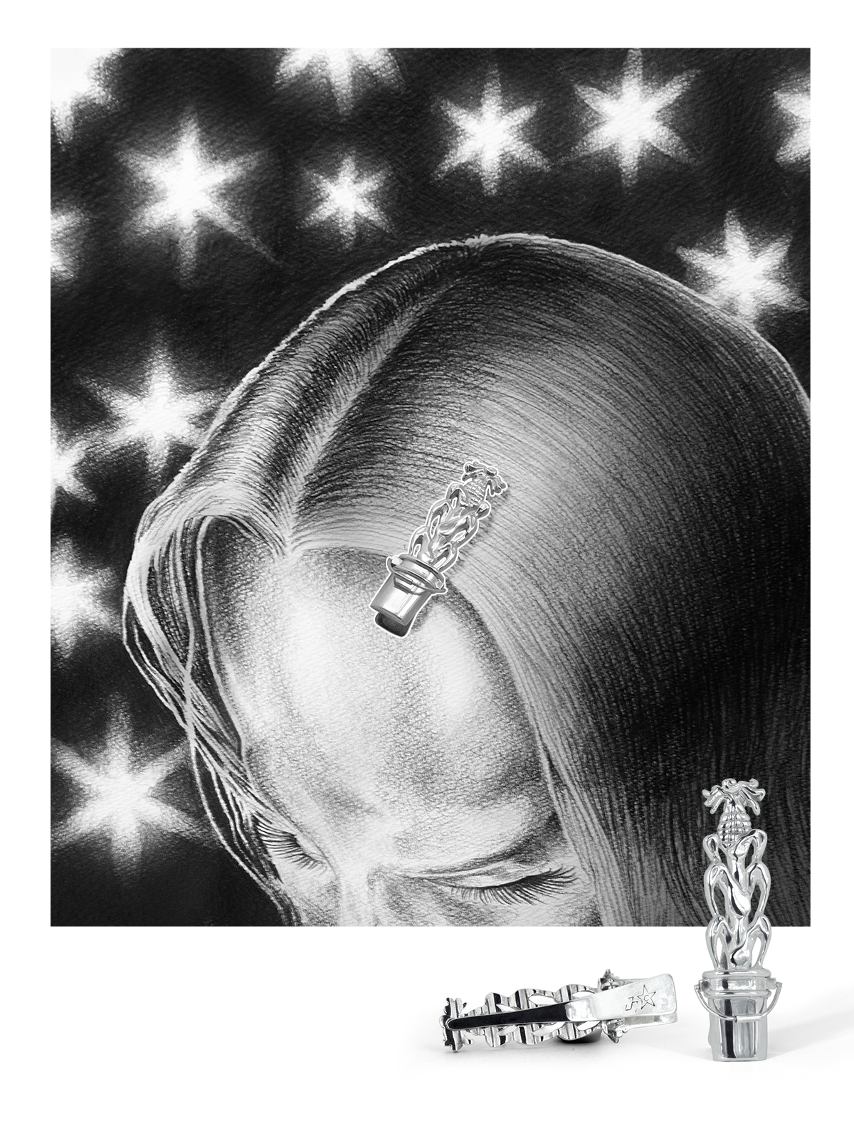 Black and white photo of a woman with smooth hair, closed eyes, against a background of stars, with three silver jewelry pieces featuring intricate chains and star details placed in front of her.