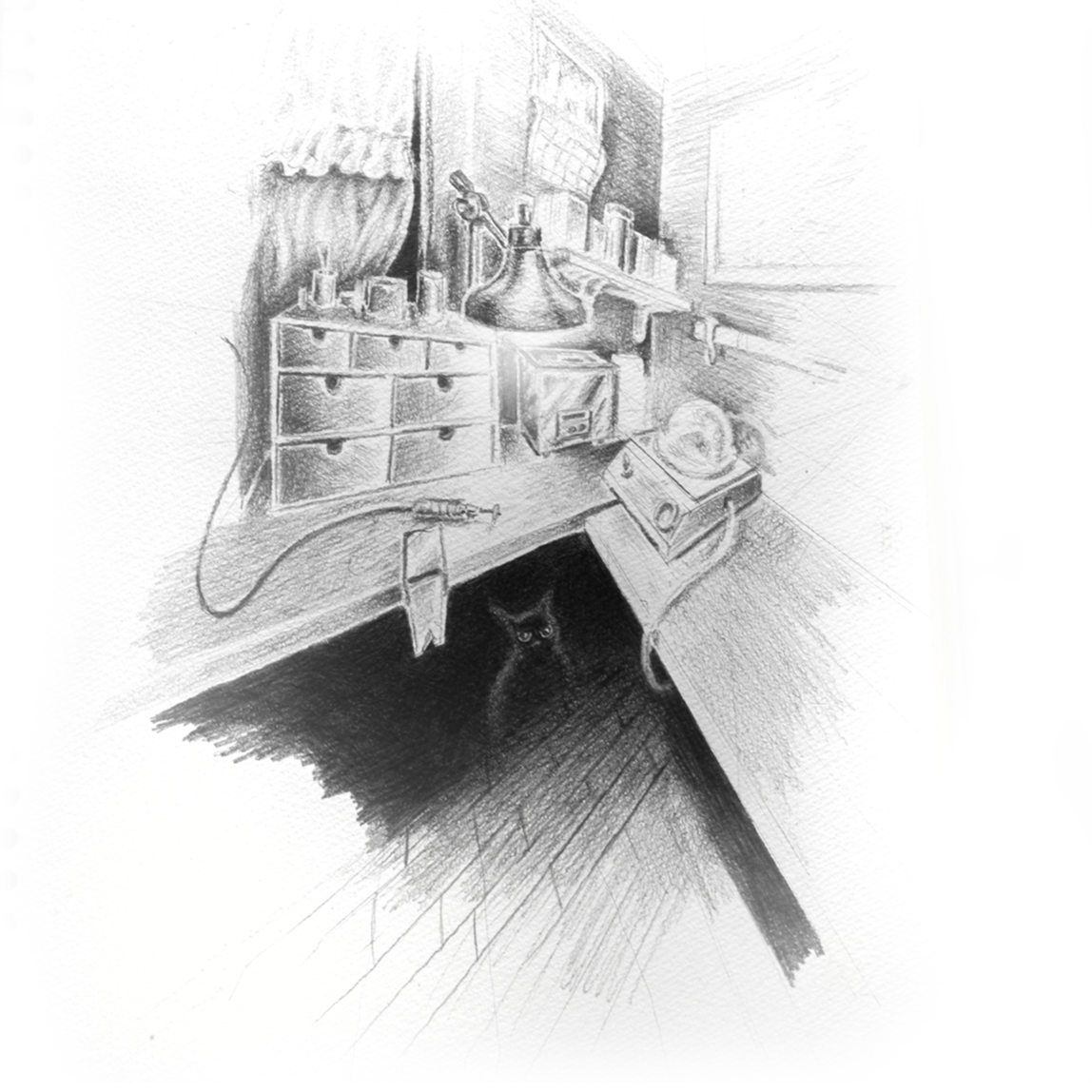 Sketch of a cluttered kitchen counter with various bottles, appliances, and a black cat underneath.