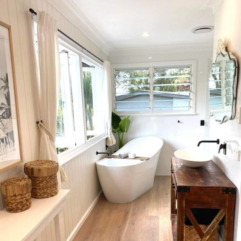Newport bathroom reno with new windows, tiling, freestanding bathtub and @mafiaustralia floors.