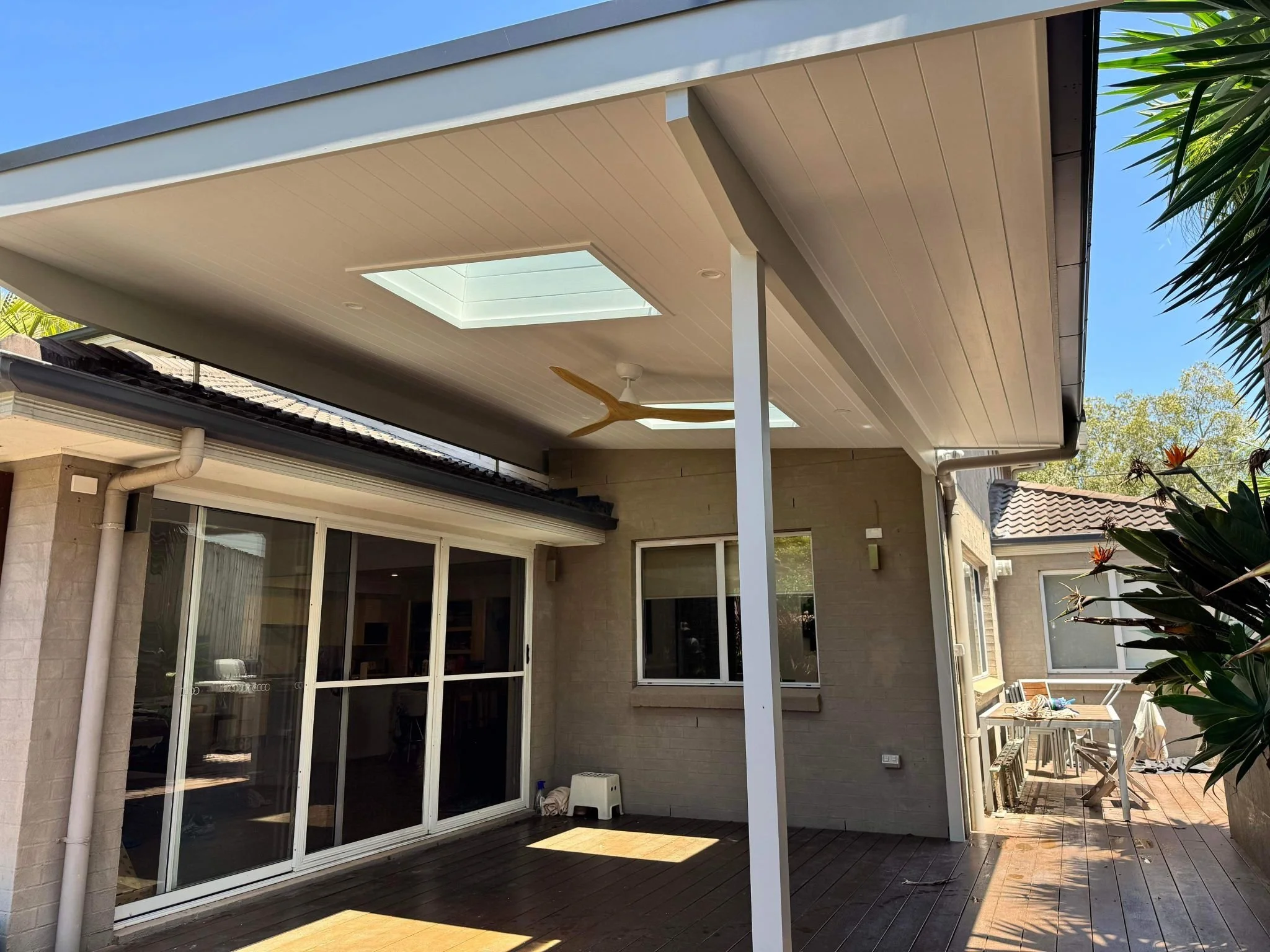 New weatherproof pergola just completed on our Curl Curl project. Lining board ceiling, skylights and fan.