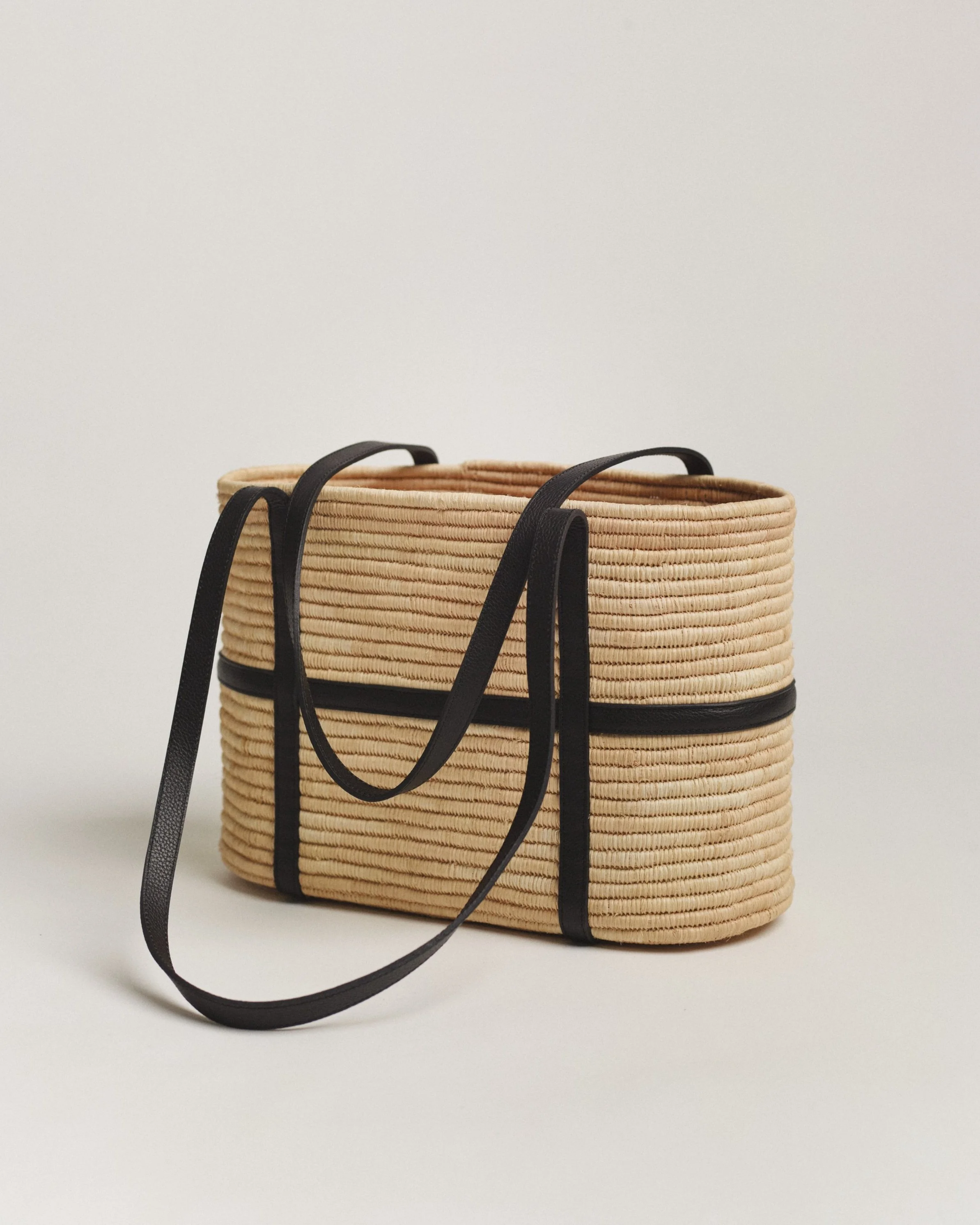 Day Bask | Raffia Basket Bag with Leather Straps | Black