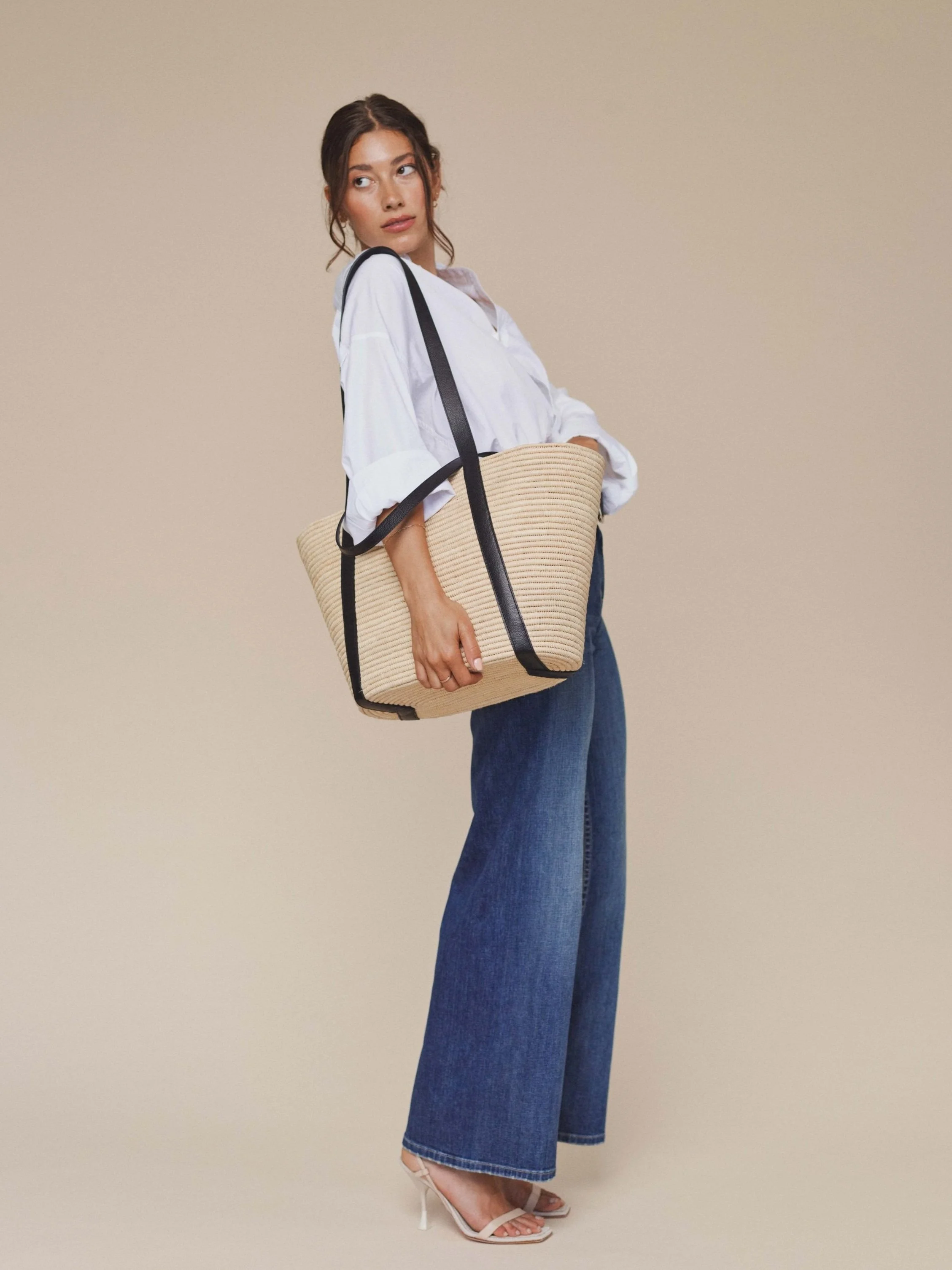 Max Bask | Raffia Basket Bag with Leather Straps | Black