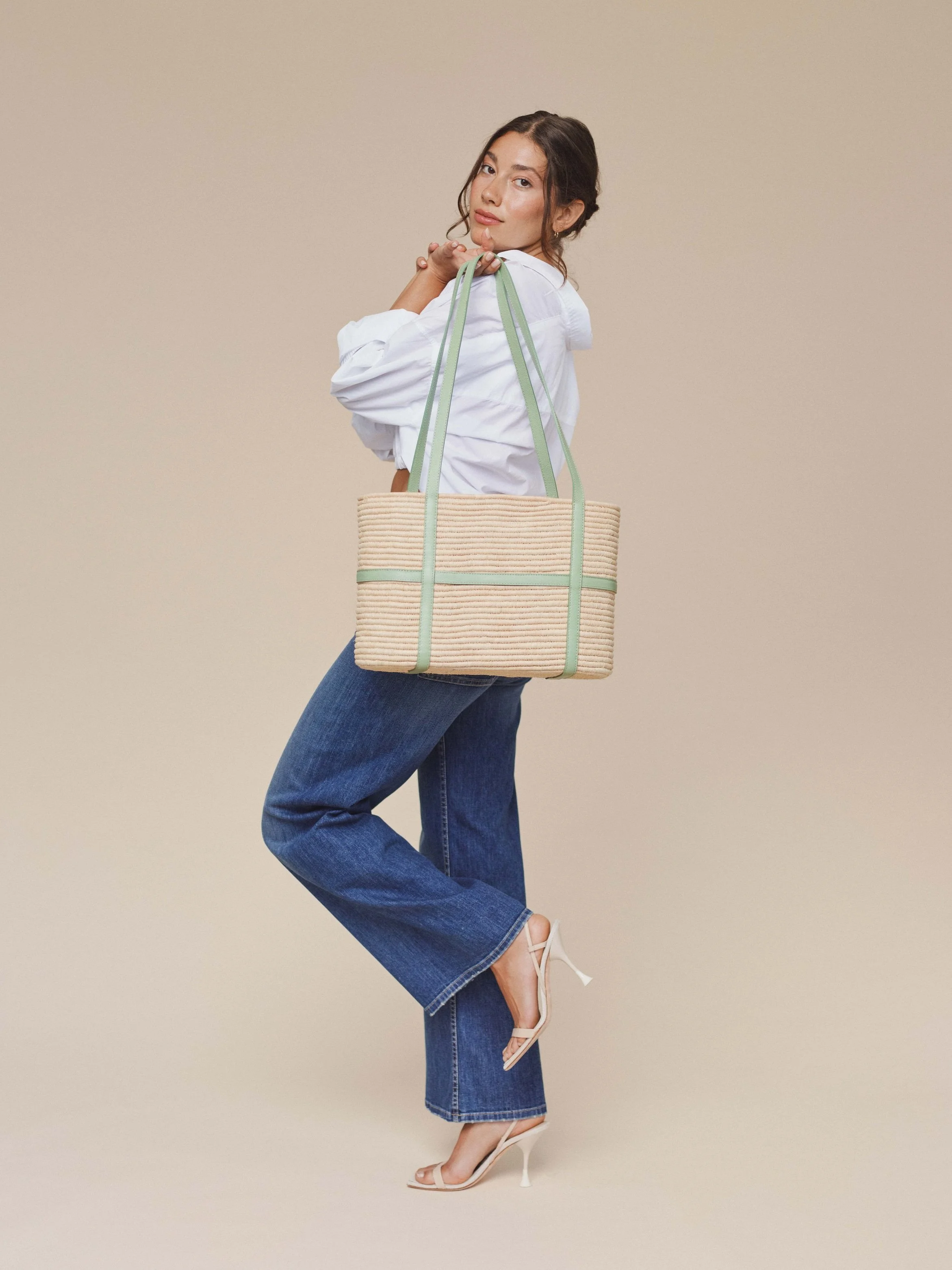 Day Bask | Raffia Basket Bag with Leather Straps | Aqua