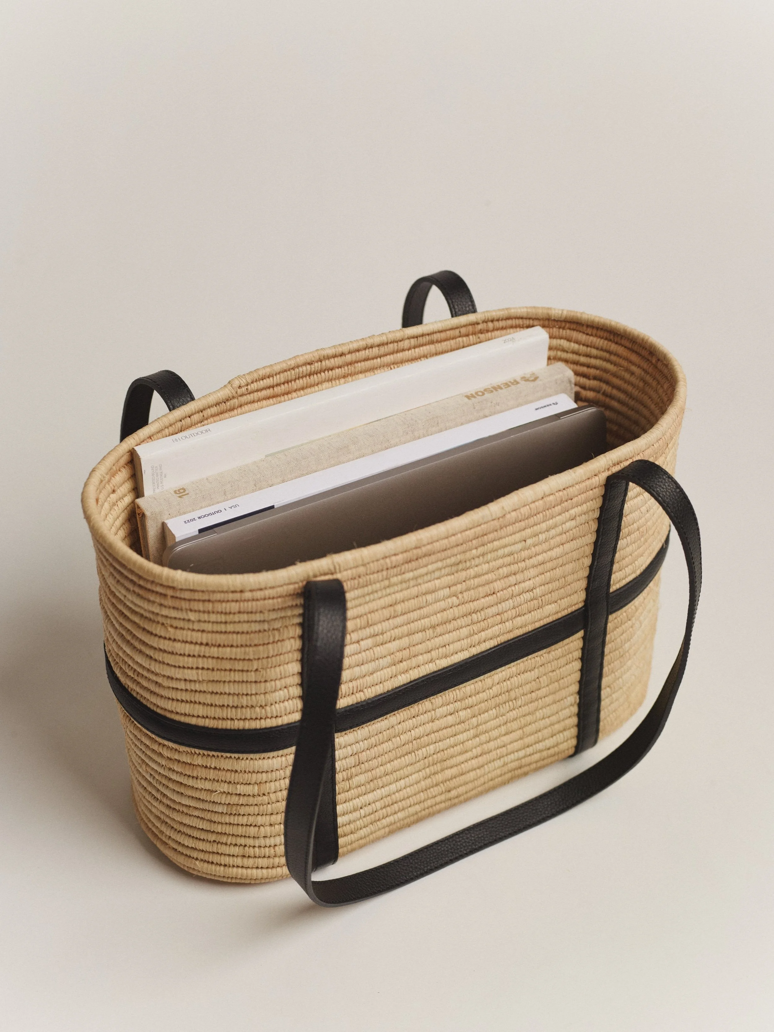 Day Bask | Raffia Basket Bag with Leather Straps | Black