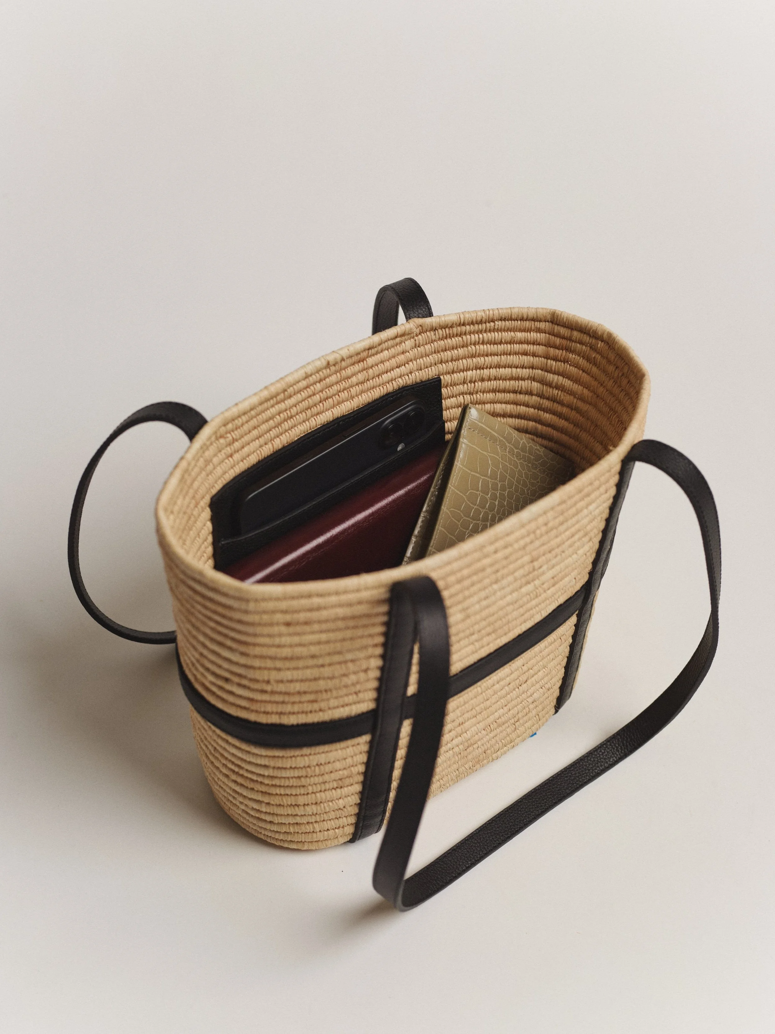 Mini Bask | Raffia Basket Bag with Leather Straps | Black