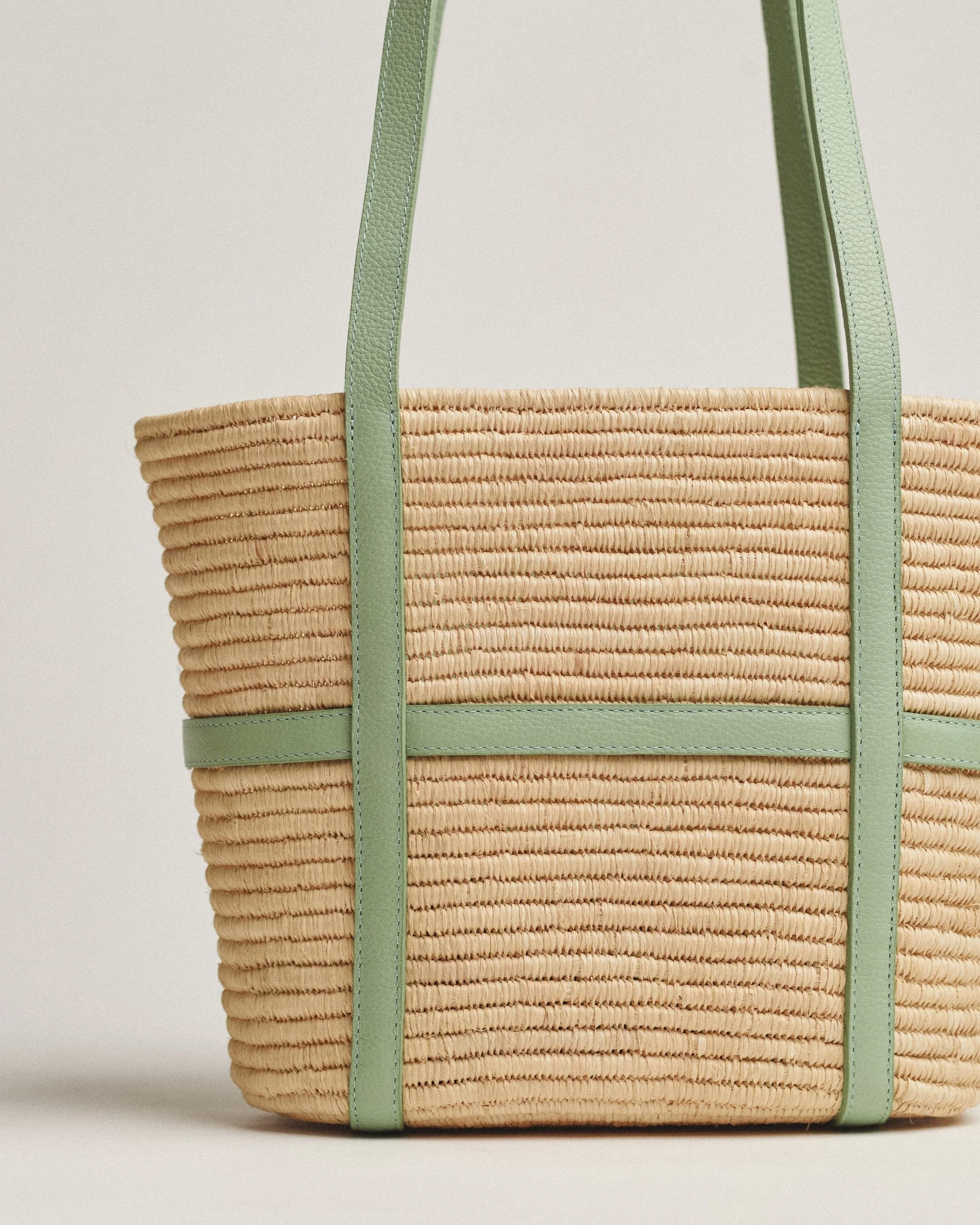 Mini Bask | Raffia Basket Bag with Leather Straps | Aqua