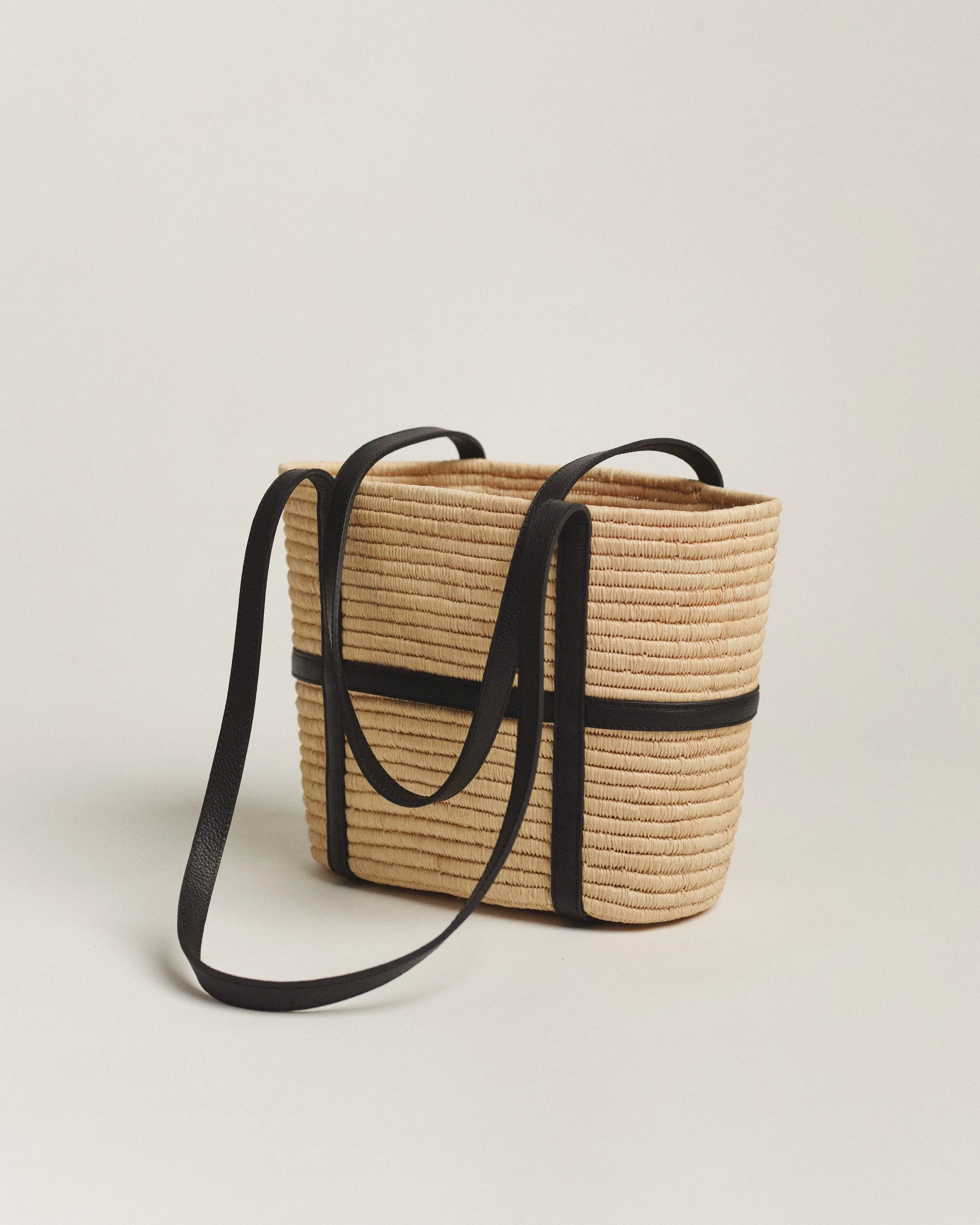 Mini Bask | Raffia Basket Bag with Leather Straps | Black