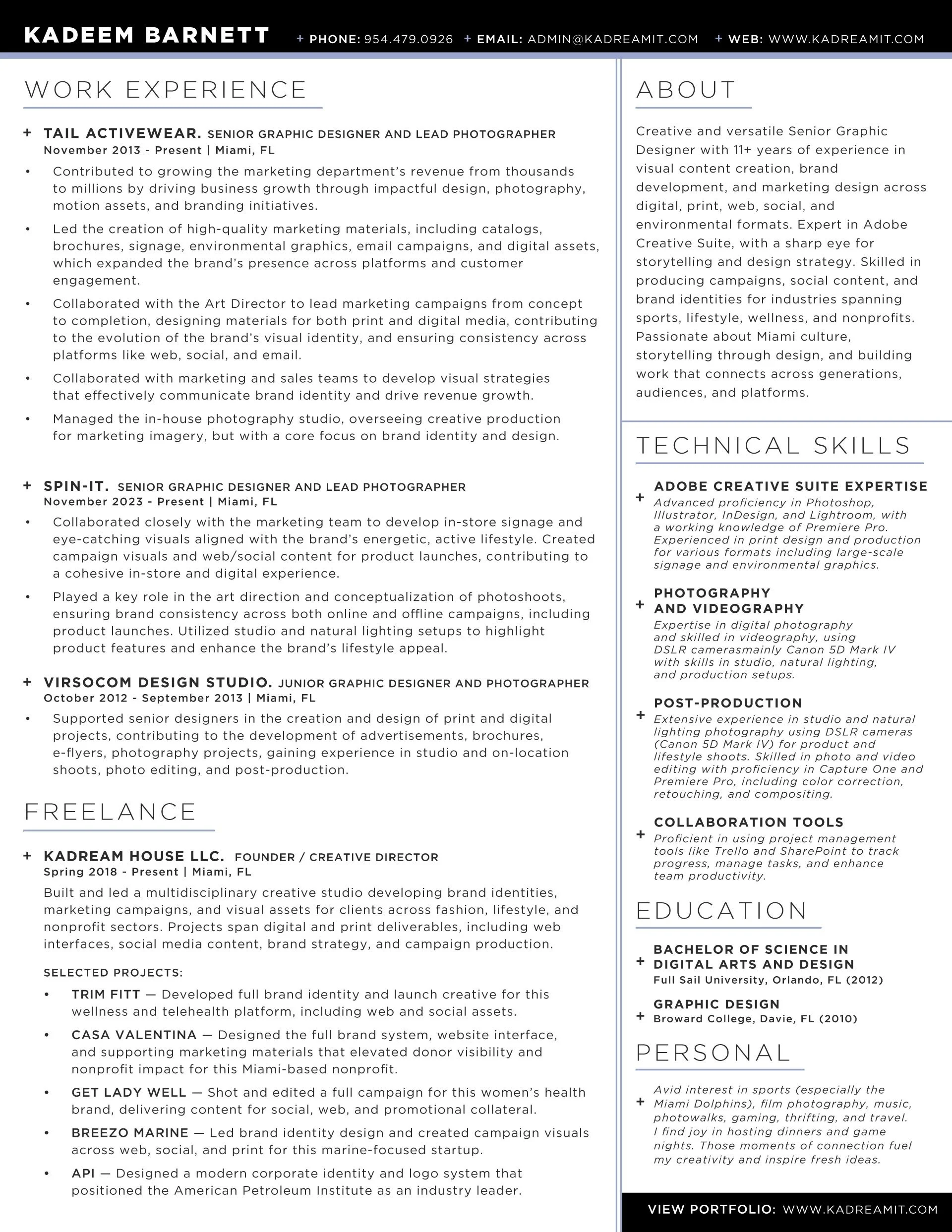 A professional resume for Kadeem Barnett, listing work experience, freelance projects, about, technical skills, education, and personal interests.