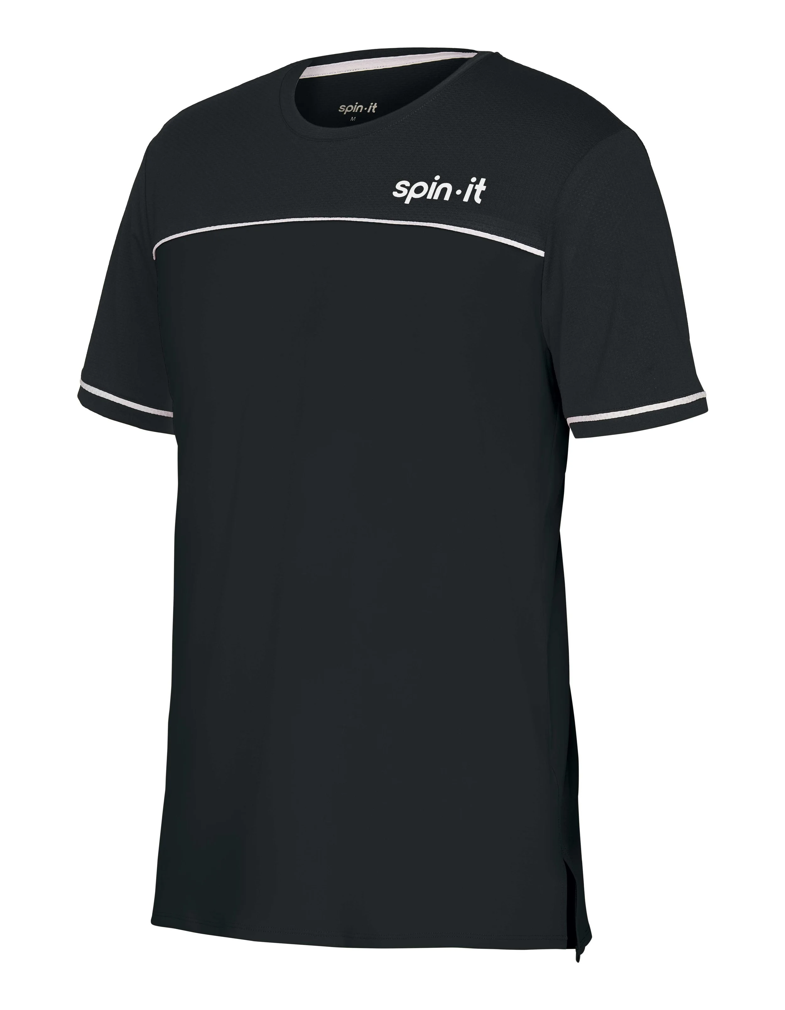 Black athletic shirt with white piping and the words "spin it" printed on the chest.