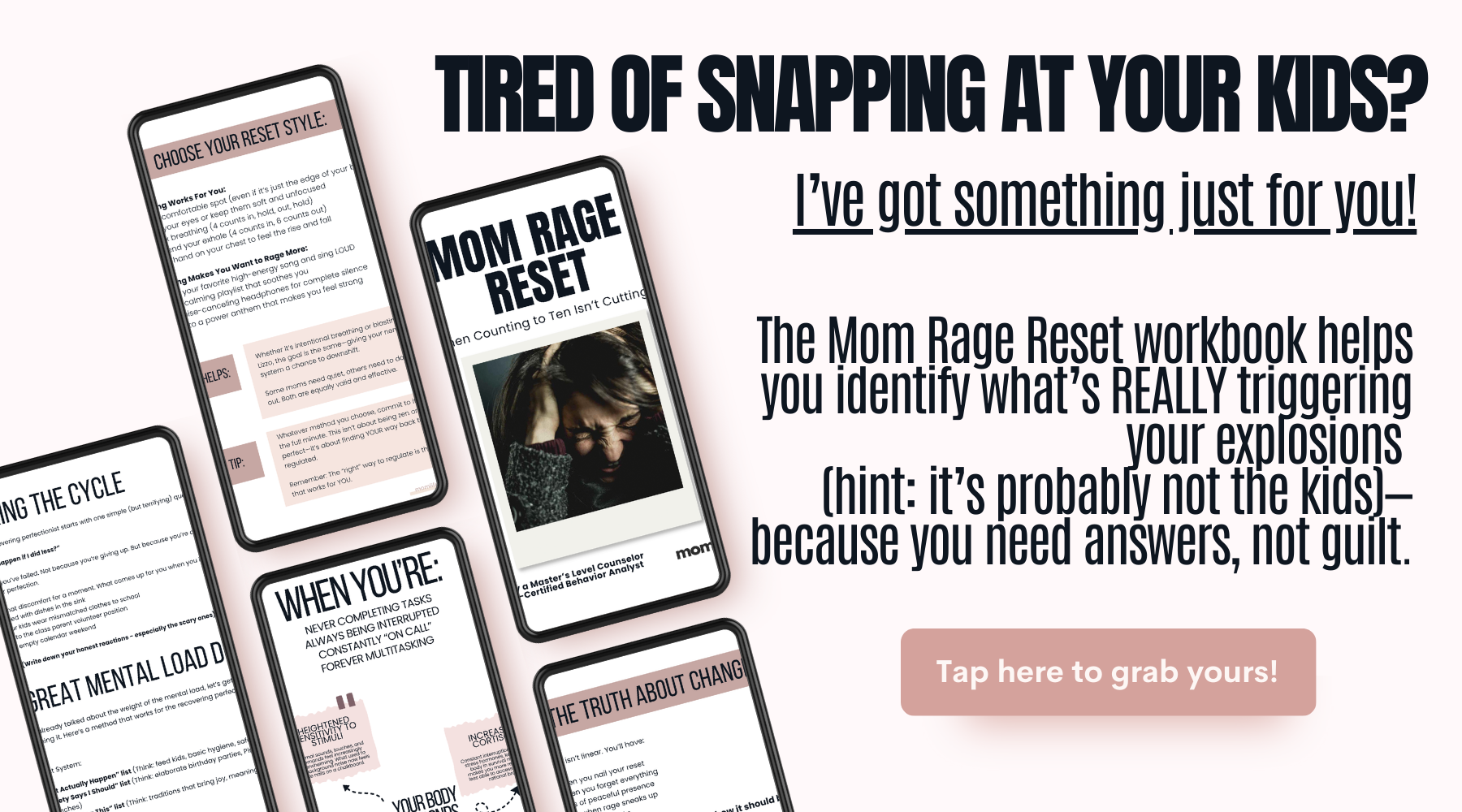 Mom Rage Reset workbook cover with trigger tracking system and emergency regulation tools for overwhelmed mothers experiencing explosive anger